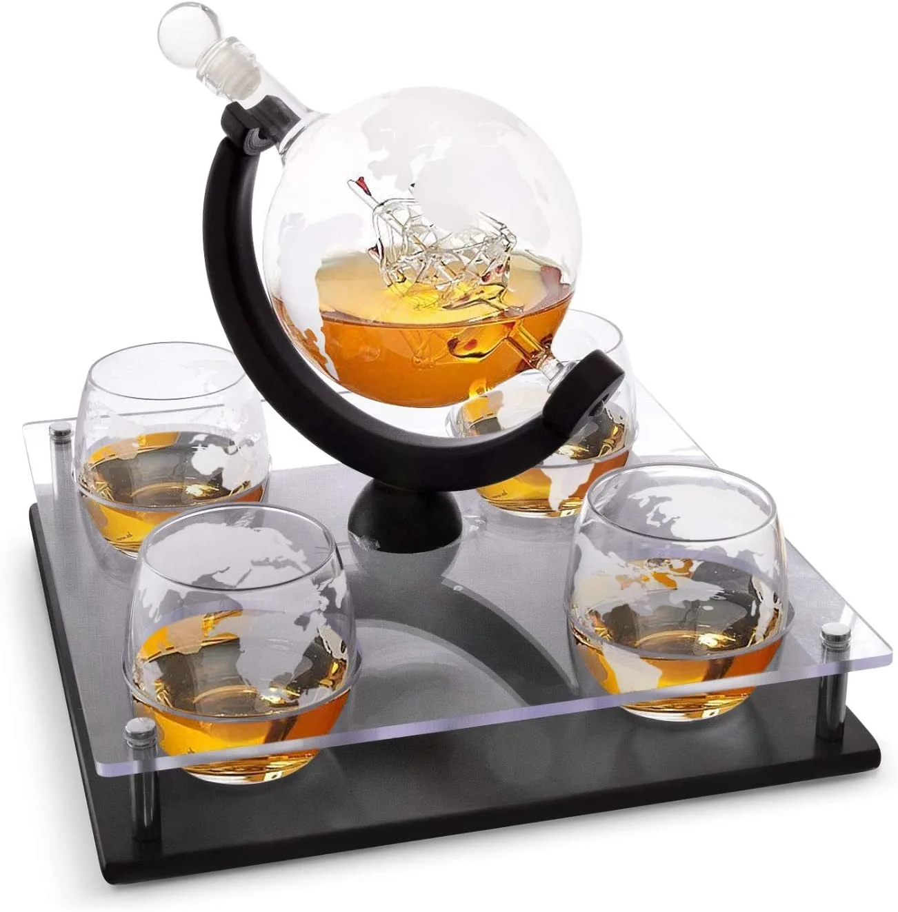 Elegant Etched Globe Whiskey Decanter Set with Tra...