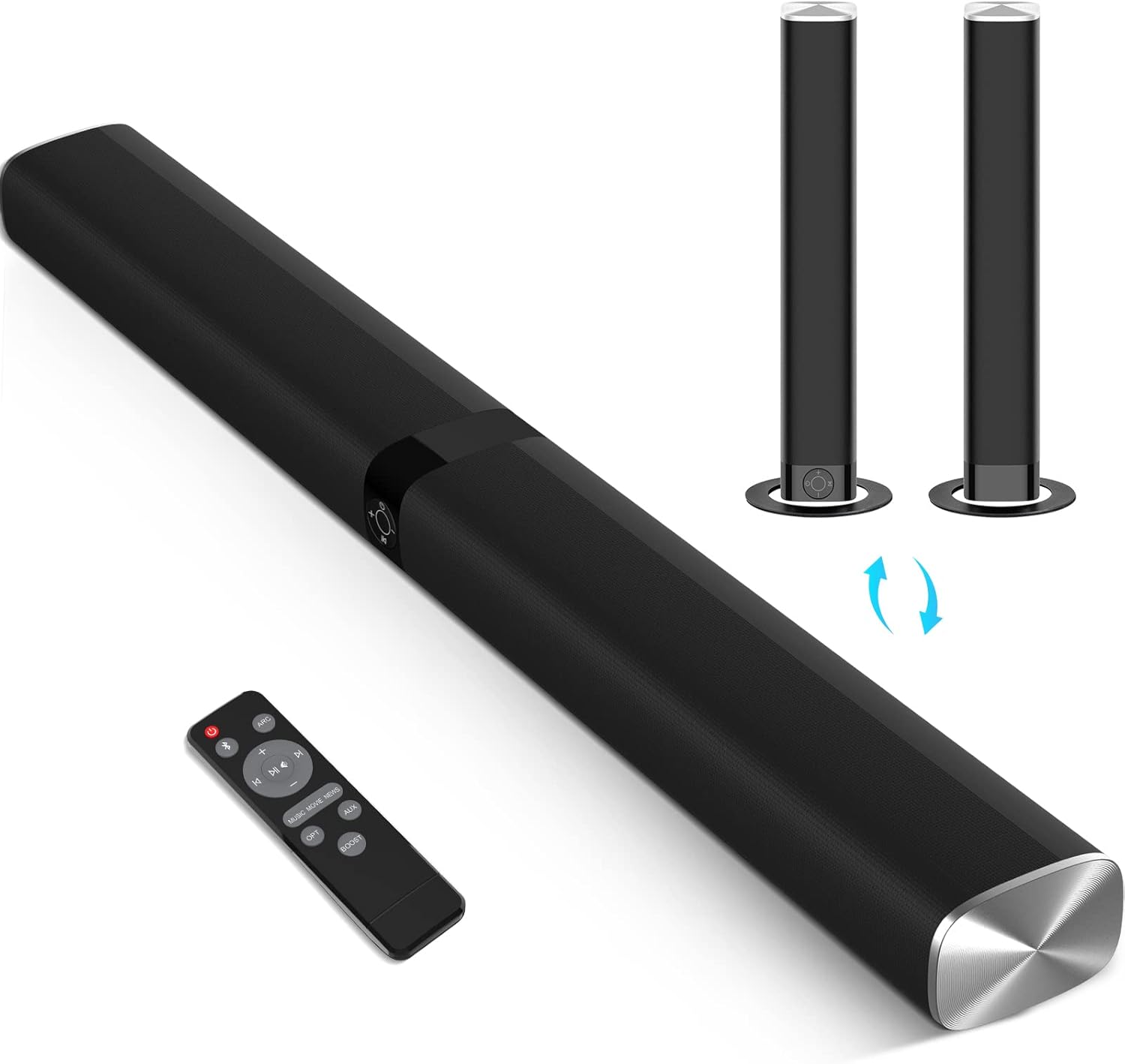 Assistrust Sound Bar for Smart TV, 80W Soundbar with Bluetooth/ARC/Opt/AUX Connect, Dynamic Volume Boost, 3 Equalizer Modes, 2 in 1 Detachable Soundbar for TV/PC/Gaming/Projectors