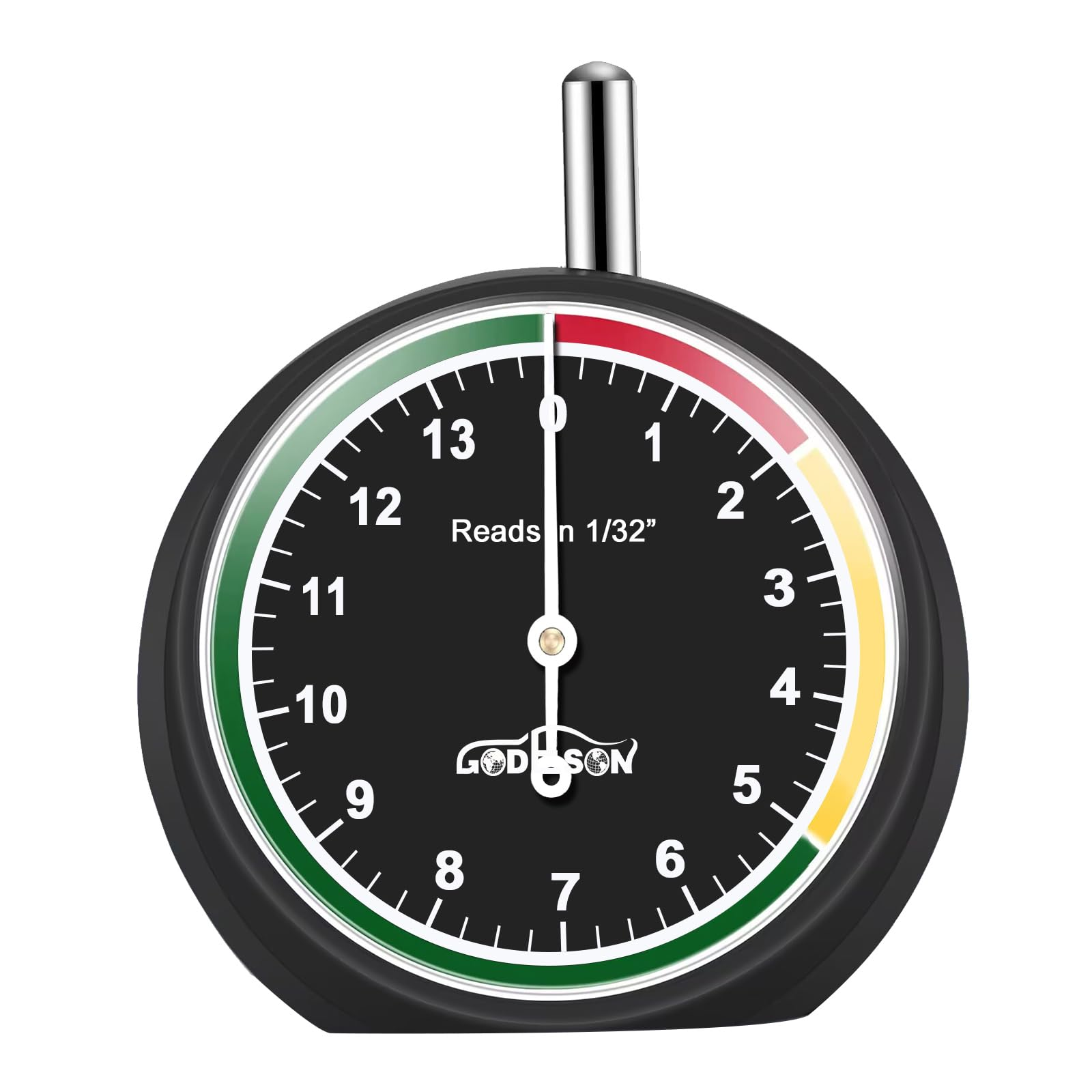 GODESON Tire Tread Depth Gauge,Dial Type Tire Depth Gauge in 32nds,Color-Coded and Easy Reading Tread Depth Gauge Professional for Motorcycle, Car,Truck and Bus,Black Paint Casing