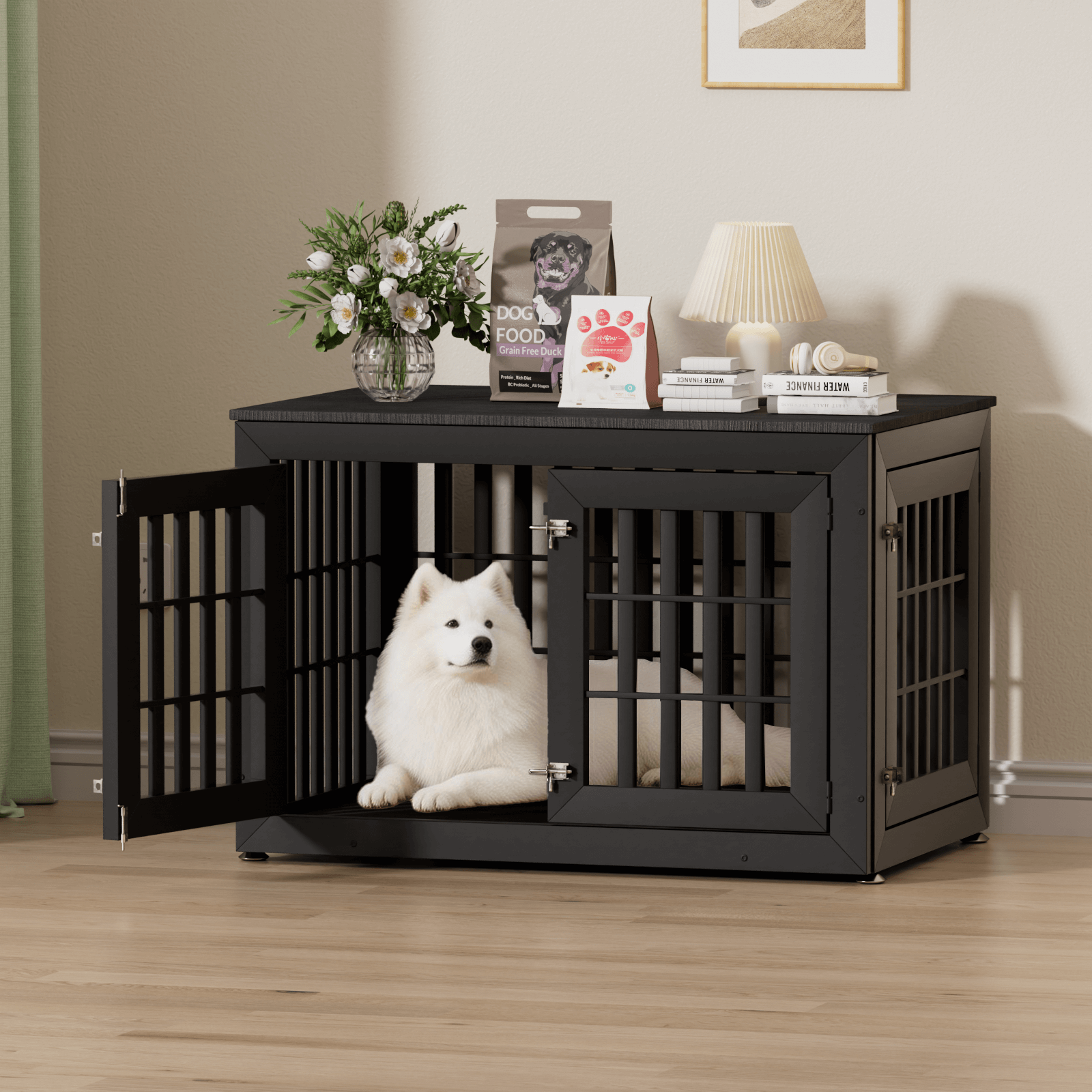 42'' Heavy Duty Dog Crate Furniture for Small,Medium and Large Dogs,Rustic Wooden Dog Cage Kennel Indoor Furniture with Waterproof Top,Decorative Pet House Side End Table (Black )