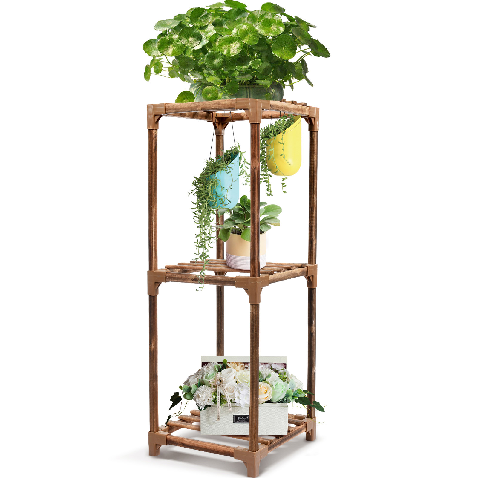 CFMOUR Wood Plant Stand Indoor, 3 Tier Tall Plant Shelf Flower Pot Stands Display Rack Holder Outdoor, Small Space Planter Stands Shelves for Corner Living Room Garden