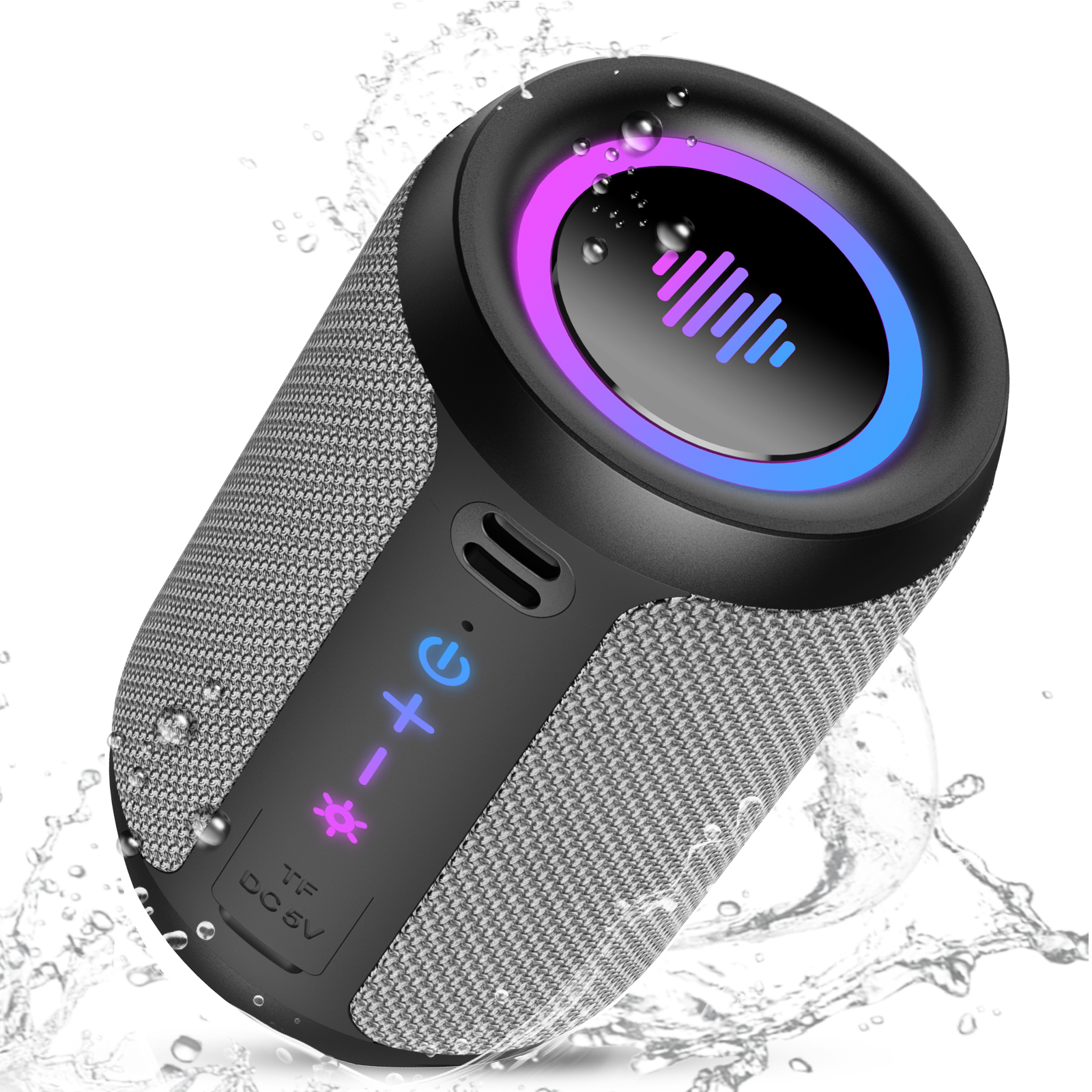 Portable Bluetooth Speaker with Lights, Bluetooth 5.4 Speaker, Powerful Crystal Clear Sound,All Day Playtime,15W Loud Stereo Sound,IPX7 Waterproof,TWS pairing for Outdoor/Home/Party/Travel(Gray)