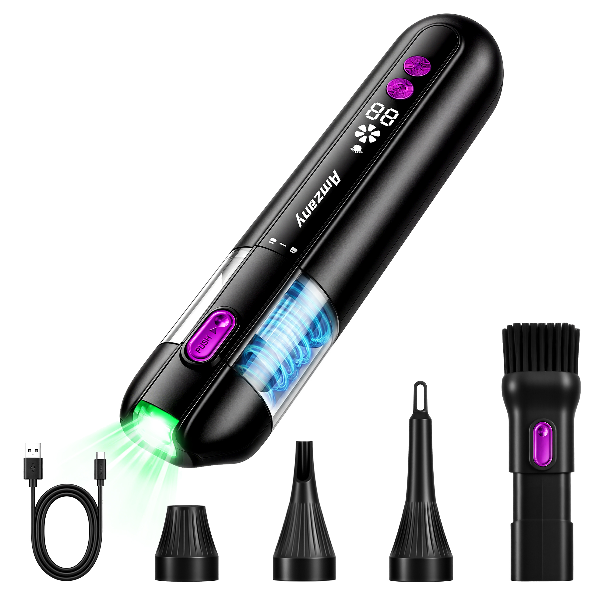 Amzany Handheld Vacuum Cordless, 19000PA Car Vacuum with Green Light Dust Display, 80000RPM Brushless Motor, 4-in-1 Portable Mini Hand Vacuum for Car Pet Hair Home, 435g Lightweight, Type-C Charge