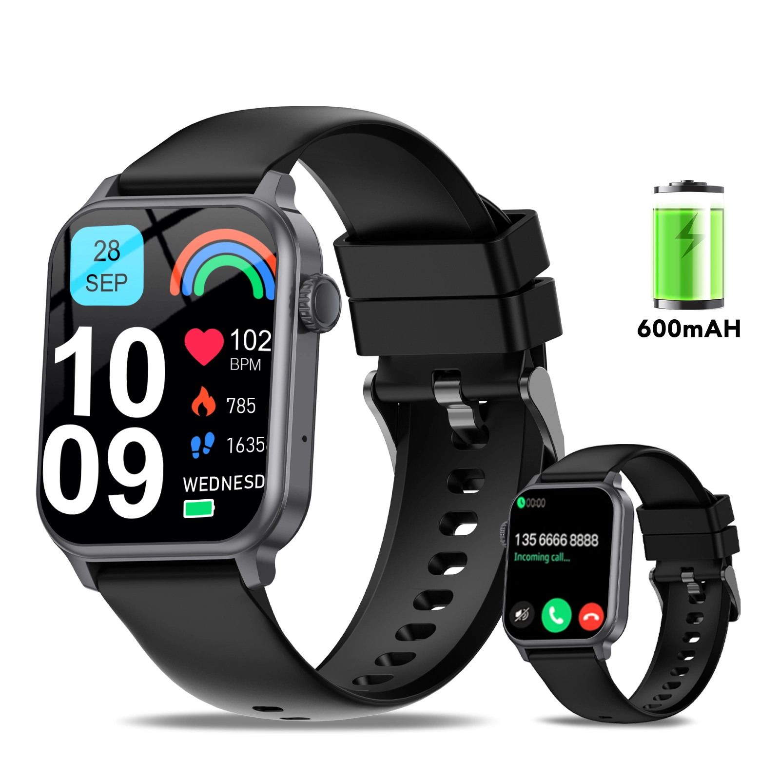 Smart Watch for Men Women with 600 mAh 30 Day+Battery Life, 1.85" HD Screen Fitness Tracker, Make/Recive Call, 110+ Sport Mode, IP68 Waterproof, Fitness Watch for Android/iOS (Black)