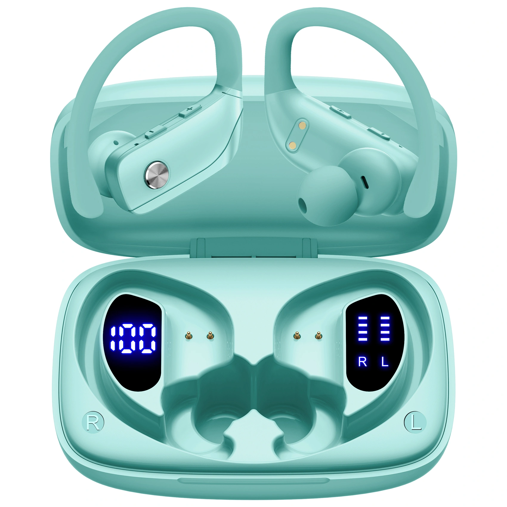 bmani Ear Buds Wireless Earbuds Bluetooth Headphones with 80H Playtime LED Display Case, Over-Ear Hook with Mic, Stereo Sound, Easy Button Controls, Sports Earphones for Running Workout Gym Mint Green