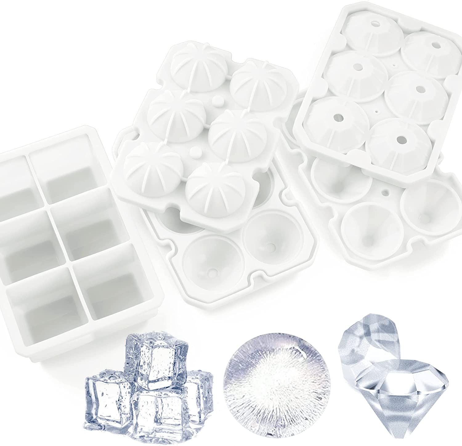 Ice Cube Trays, meidong 3 Pack Food-Grade Silicone Ice Cube Trays Round Big Ice Balls Square Diamond Ice Cube Trays, Reusable and Easy Release Reusable for Chilling Whiskey Wine Cocktail (White)