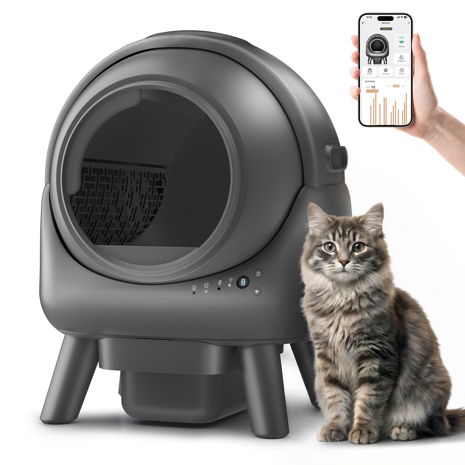 Automatic Litter Box, Self Cleaning Litter Box for Multiple Cats, Smart APP Control & Dual Safety Sensors, 15-Day Large Capacity Waste Bin, Odor Control, Includes Trash Bags,Gray