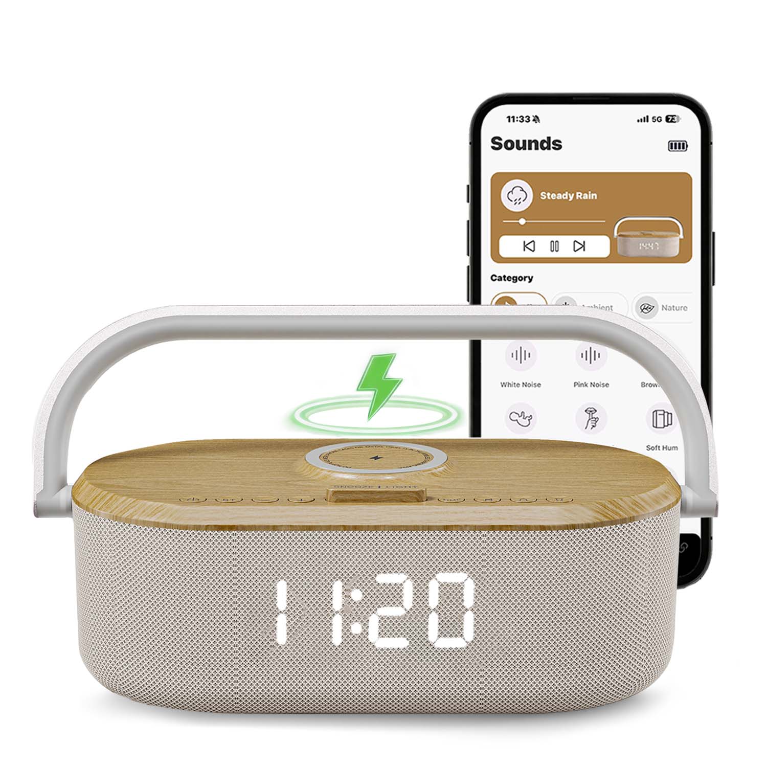 White Noise Machine with Alarm Clock & Wireless Charger, 40 Relaxing Ambient Sounds, 3 Light Modes, Snooze Function, Adjustable Volume, and Smart Timer