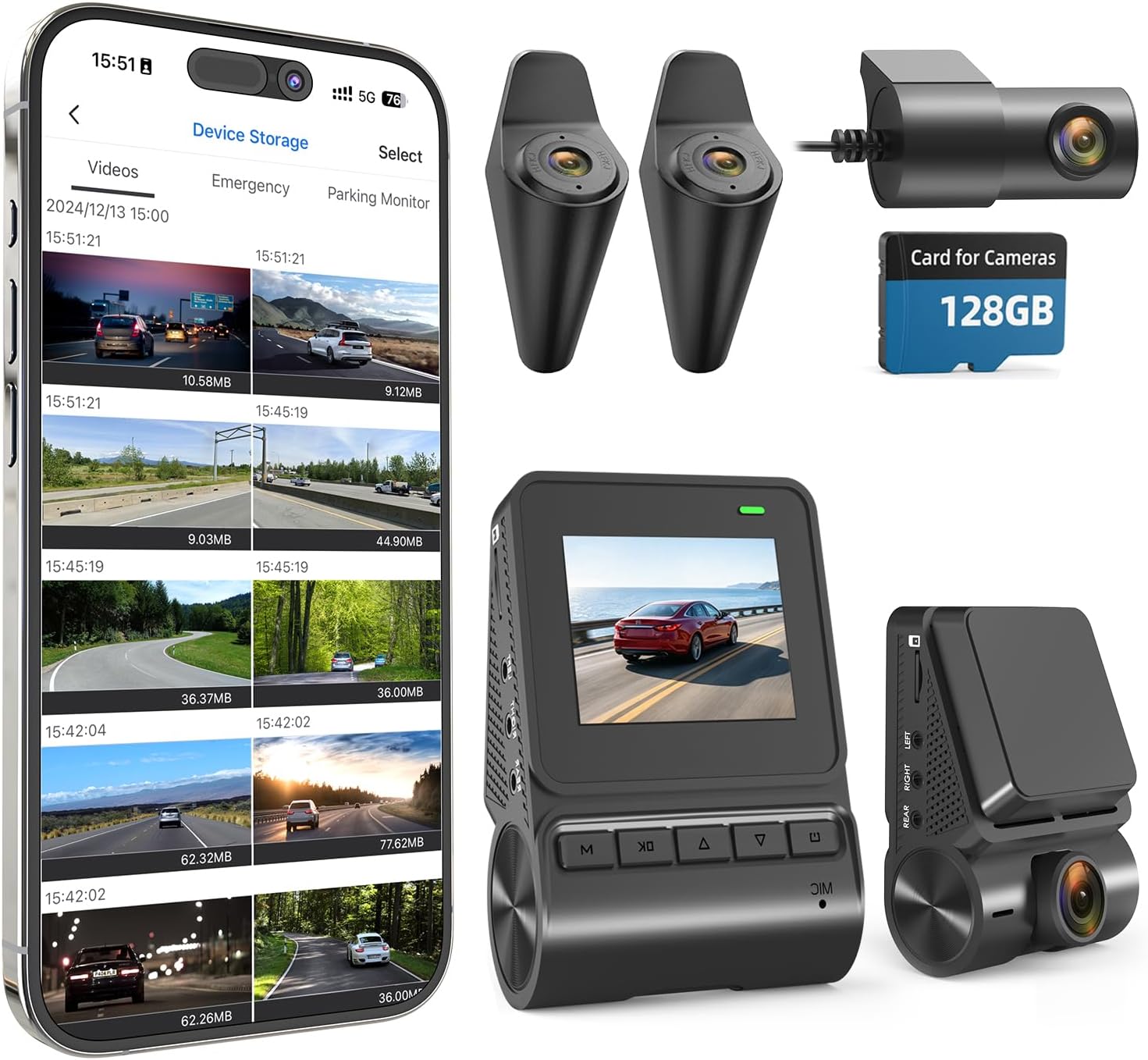 Innovative 360 View 4 Channel Dash Cam Front and Rear with External Side Cameras for Cars, GPS and 5G Band WiFi, Night Vision, 170 Wide Angle, 24H Parking Mode, Supercapacitor, Included 128GB Card