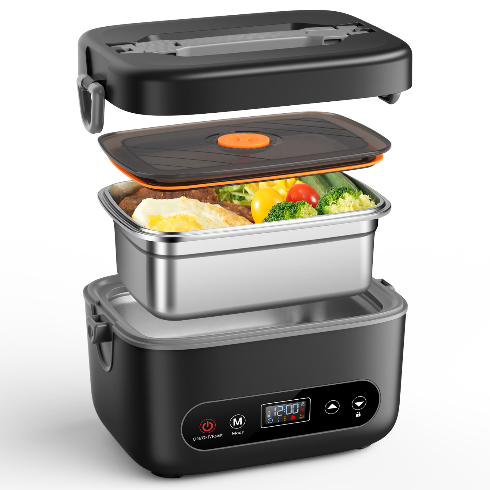 Electric Lunch Box for Men, 1.2L Cordless Heated Lunch Box, 24000mAh Rechargeable Portable Food Warmer with Auto Temperature Control, 5-Sided Heating, Leakproof, for Office, Outdoors & Truck, Black001