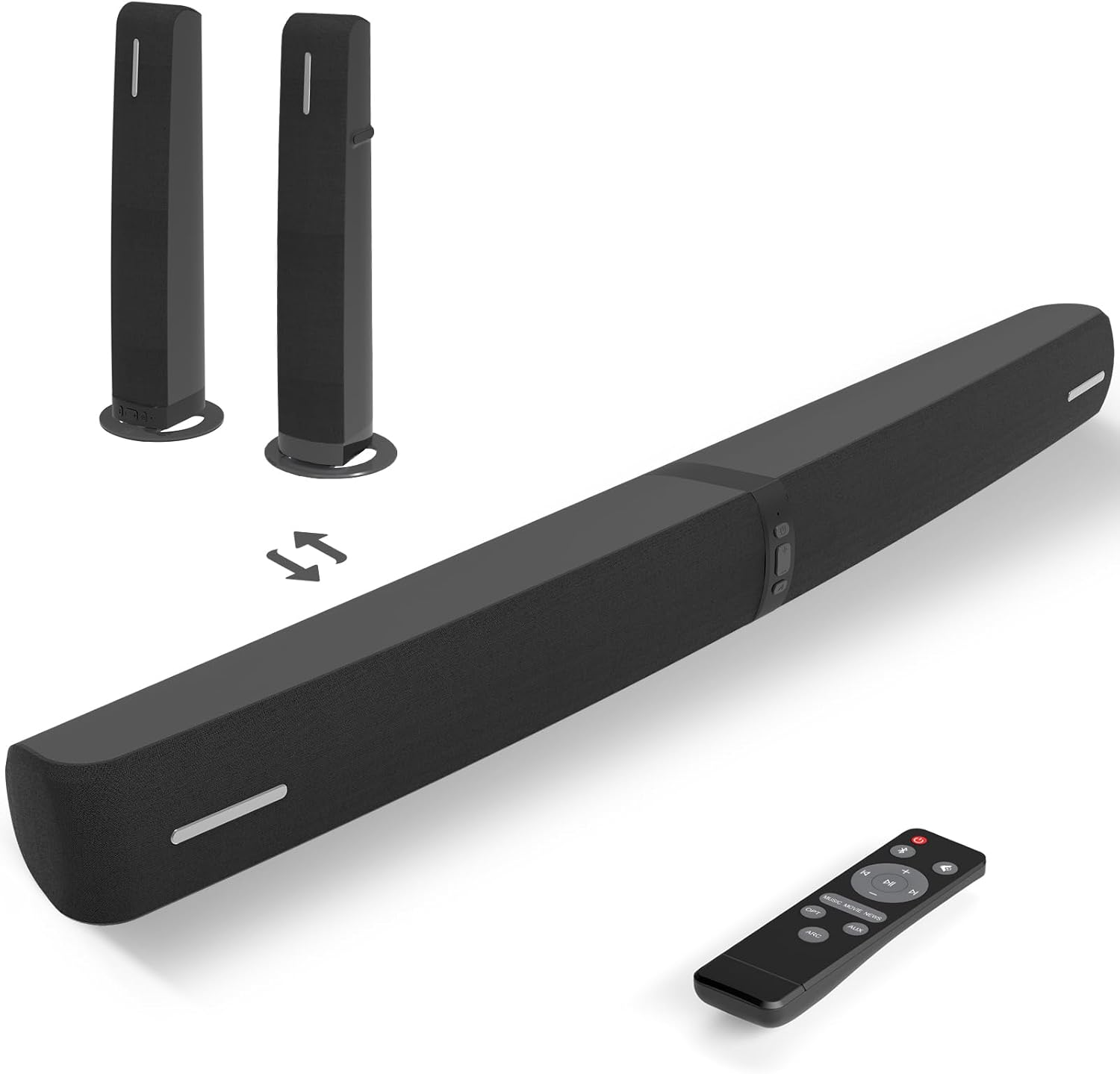 Assistrust Sound Bar for Smart TV, 90W Soundbar with Bluetooth/ARC/Optical/AUX Connect, Auto Volume Boost, 3 Equalizer Modes, 2 in 1 Detachable Soundbar for TV/PC/Gaming/Projectors