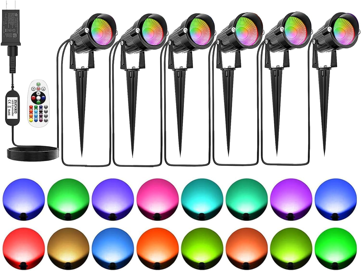 ZUCKEO RGB Low Voltage Landscape Lights with Wire and Transformer, 5W LED Color Changing Landscape Lighting, 12-24V Outdoor Spot Light for House Yard Garden Path House, 62.66FT Wire (6 Pack)