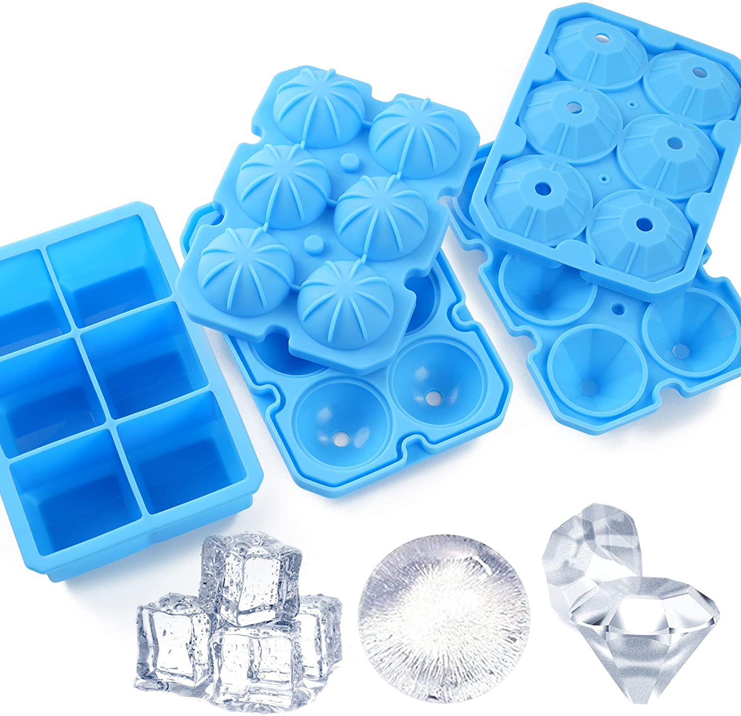 Ice Cube Trays, meidong 3 Pack Food-Grade Silicone Ice Cube Trays Round Big Ice Balls Square Diamond Ice Cube Trays, Reusable and Easy Release Reusable for Chilling Whiskey Wine Cocktail (Blue)