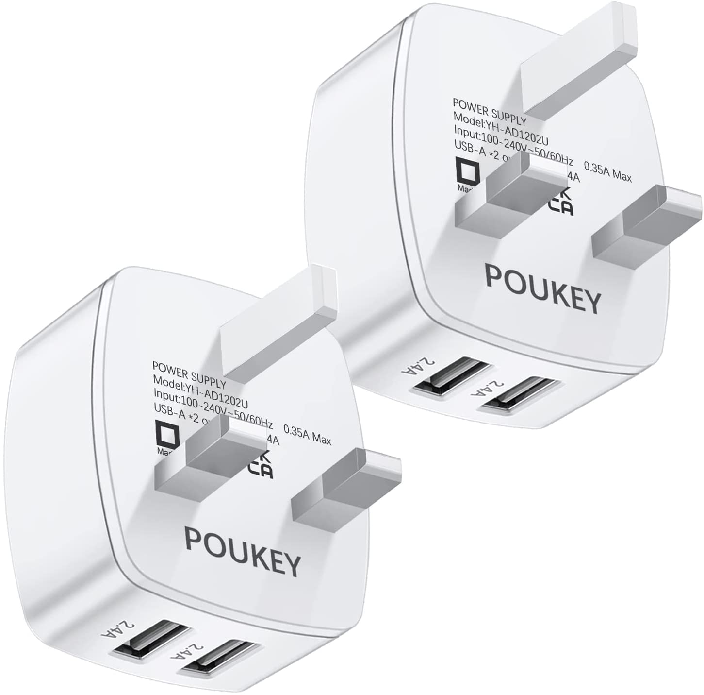 USB Plug Adaptor UK, Poukey 2Pack 2.4A/12W Double USB Charger Plug UK,Dual USB Charging Plug Power Adapter Fast Mains Wall Charger for Apple iPhone 13 12 11 Pro Max XS XR X 8 7 6 6S Plus,iPad,Samsung 