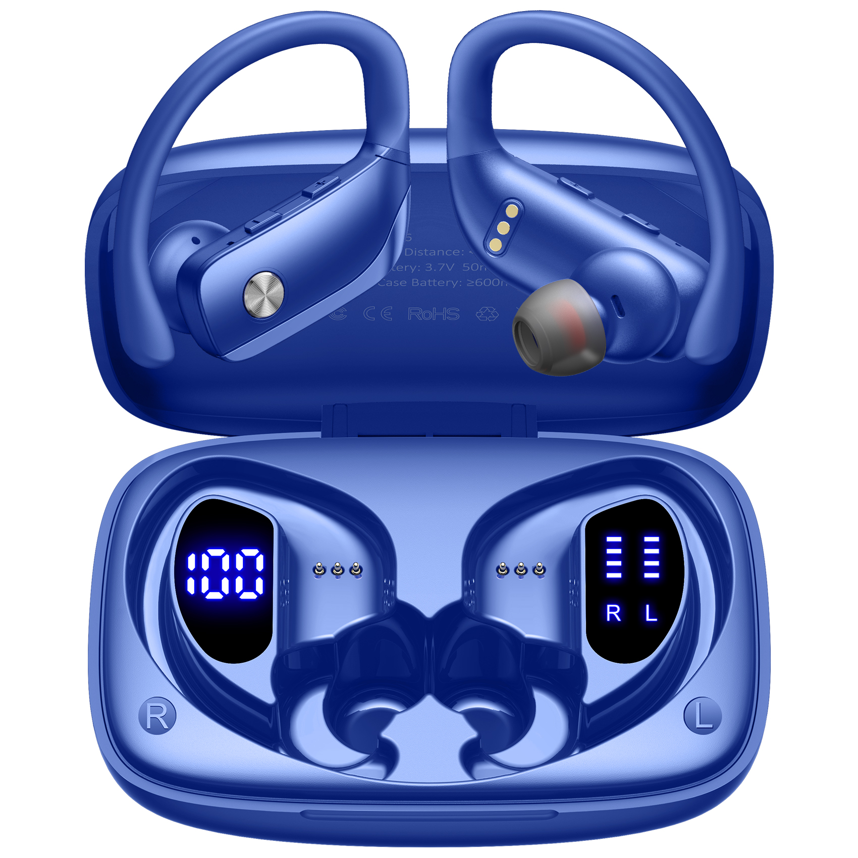 bmani Wireless Earbuds Bluetooth Headphones 48hrs Play Back Sport Earphones with LED Display Over-Ear Buds with Earhooks Built-in Mic Headset for Workout Blue