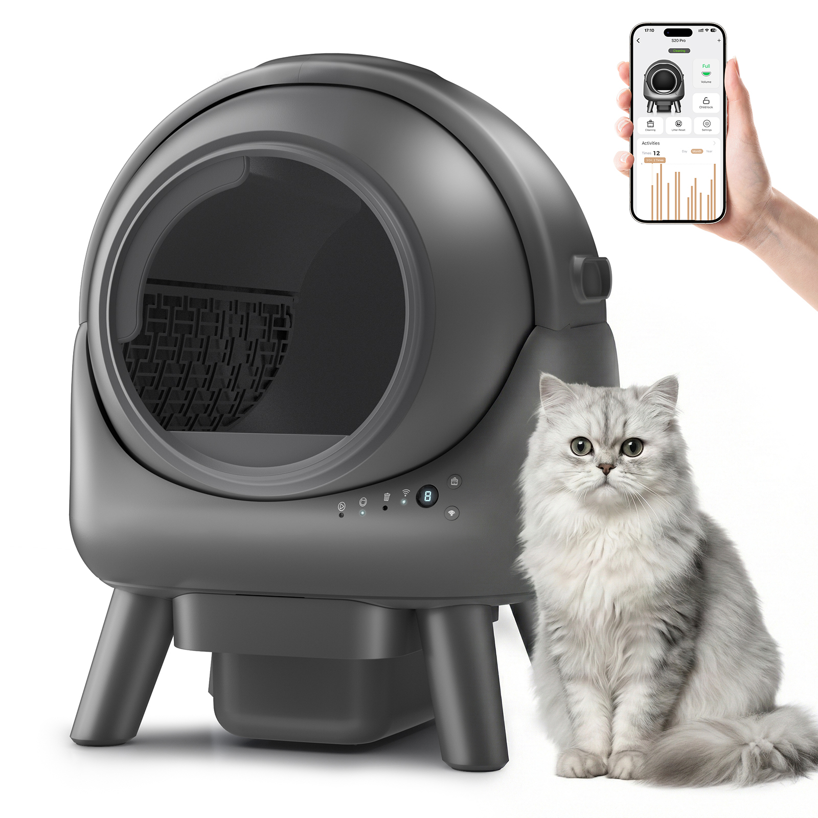 Self-Cleaning Litter Box for Multiple Cats, Smart App-Controlled with Health Monitoring, 15-Day Odor-Free Capacity, Safe for Cats up to 18 lbs, B-Grey