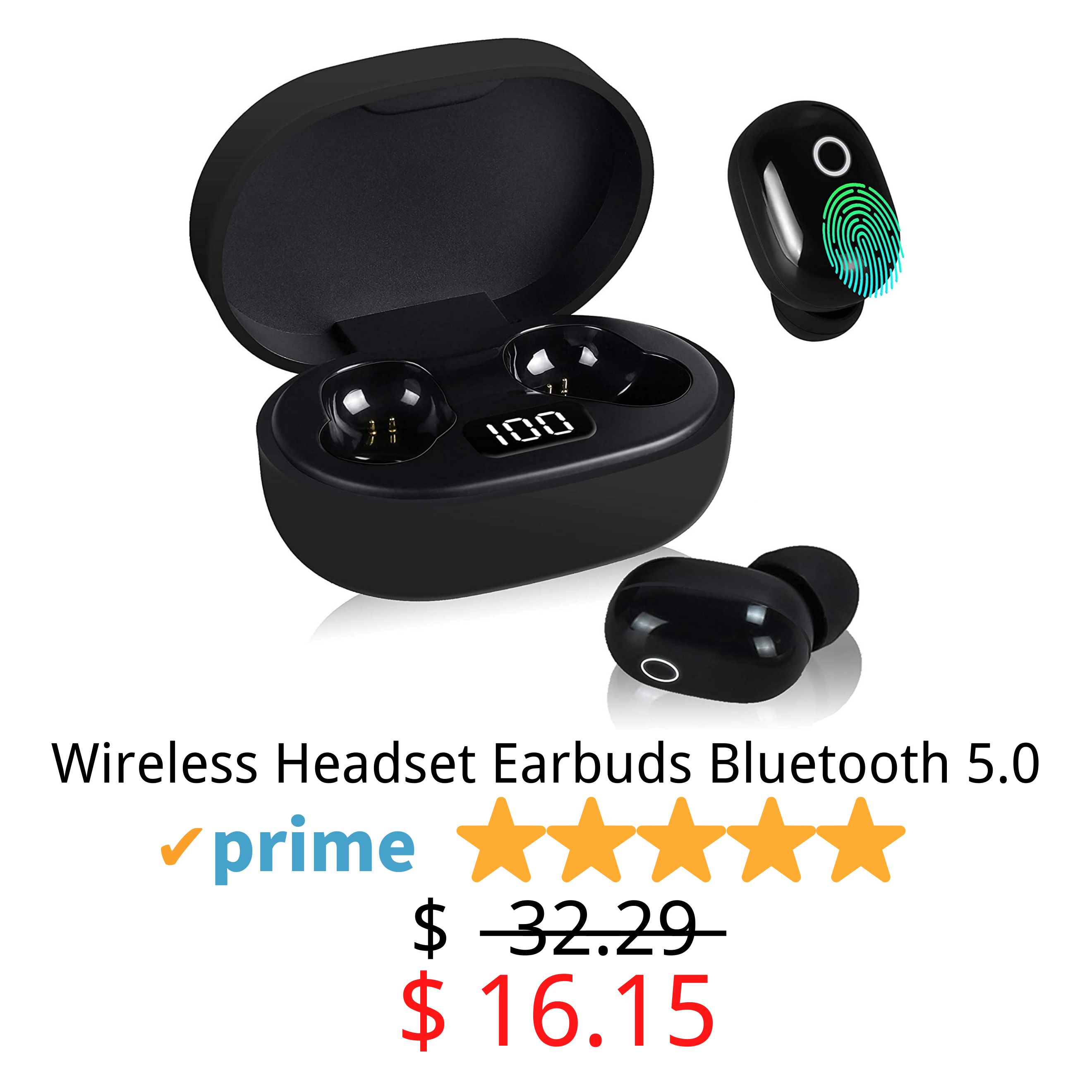 FERRISA TWS Bluetooth Earbuds, Wireless Headset Earbuds Bluetooth 5.0, Deep Bass Waterproof Stereo in-Ear Headphones Noise Reduction with Charging Case (Dark Black)