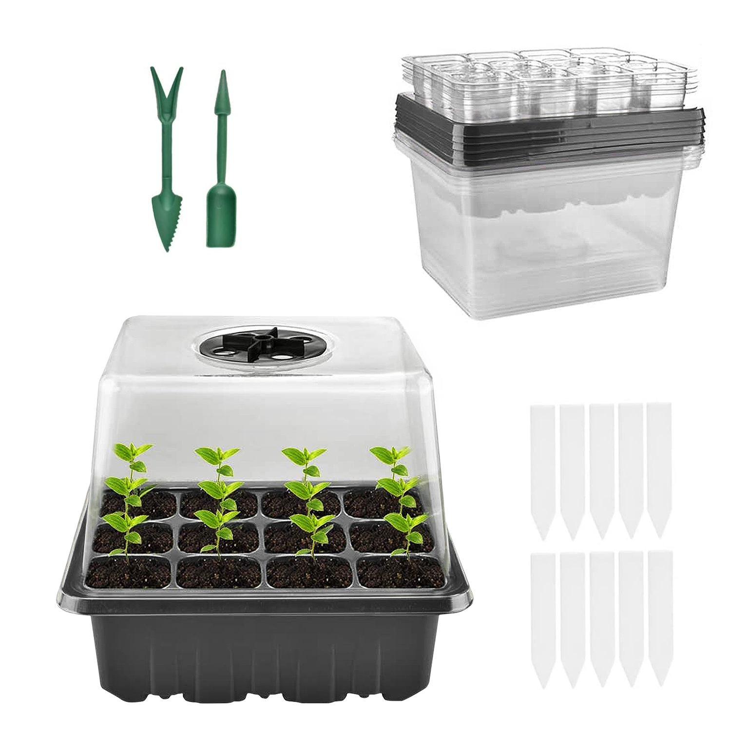 Seed Starter Kit 5-Pack, Humidity Adjustable Plant Seedling Starter Tray with 60-Cell, Seedling Trays with Dome and Base Greenhouse Grow, Transparent Heightening Covers Height 3.9"