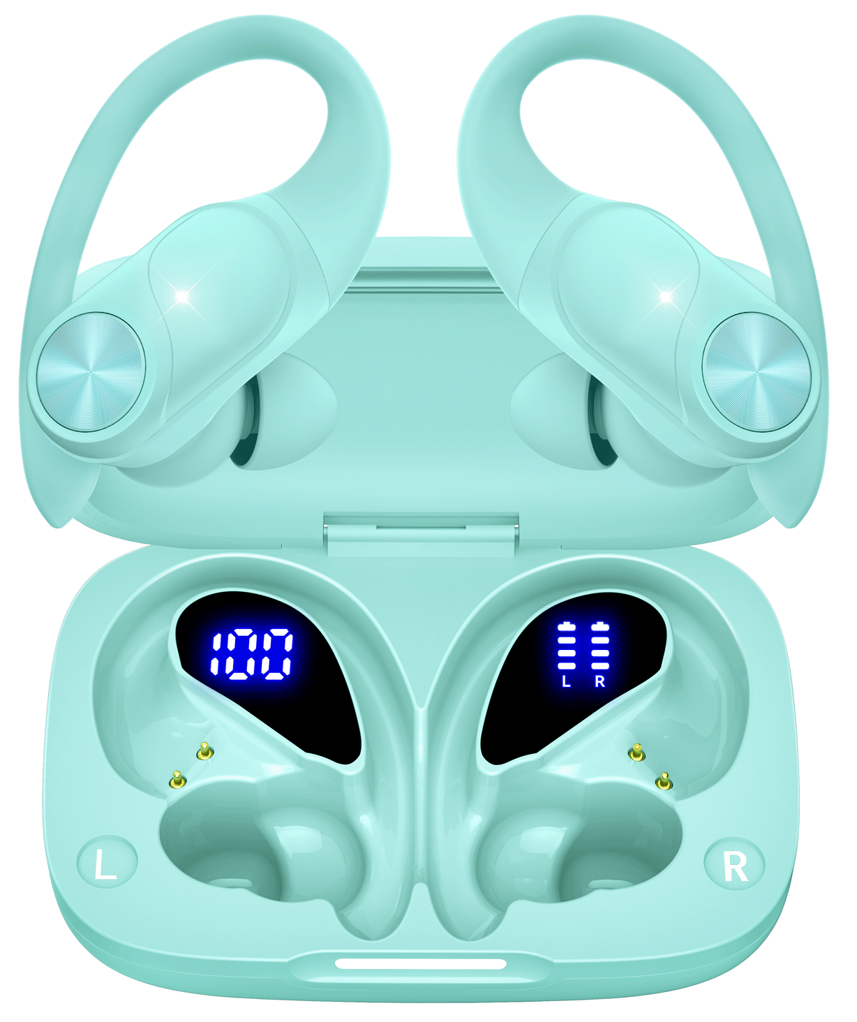 Bluetooth Headphones Wireless Earbuds 80hrs Playtime Wireless Charging Case Digital Display Sport Ear buds with Earhook Premium Deep Bass IPX7 Waterproof Over-Ear Earphones for Phone Laptop Mint Green