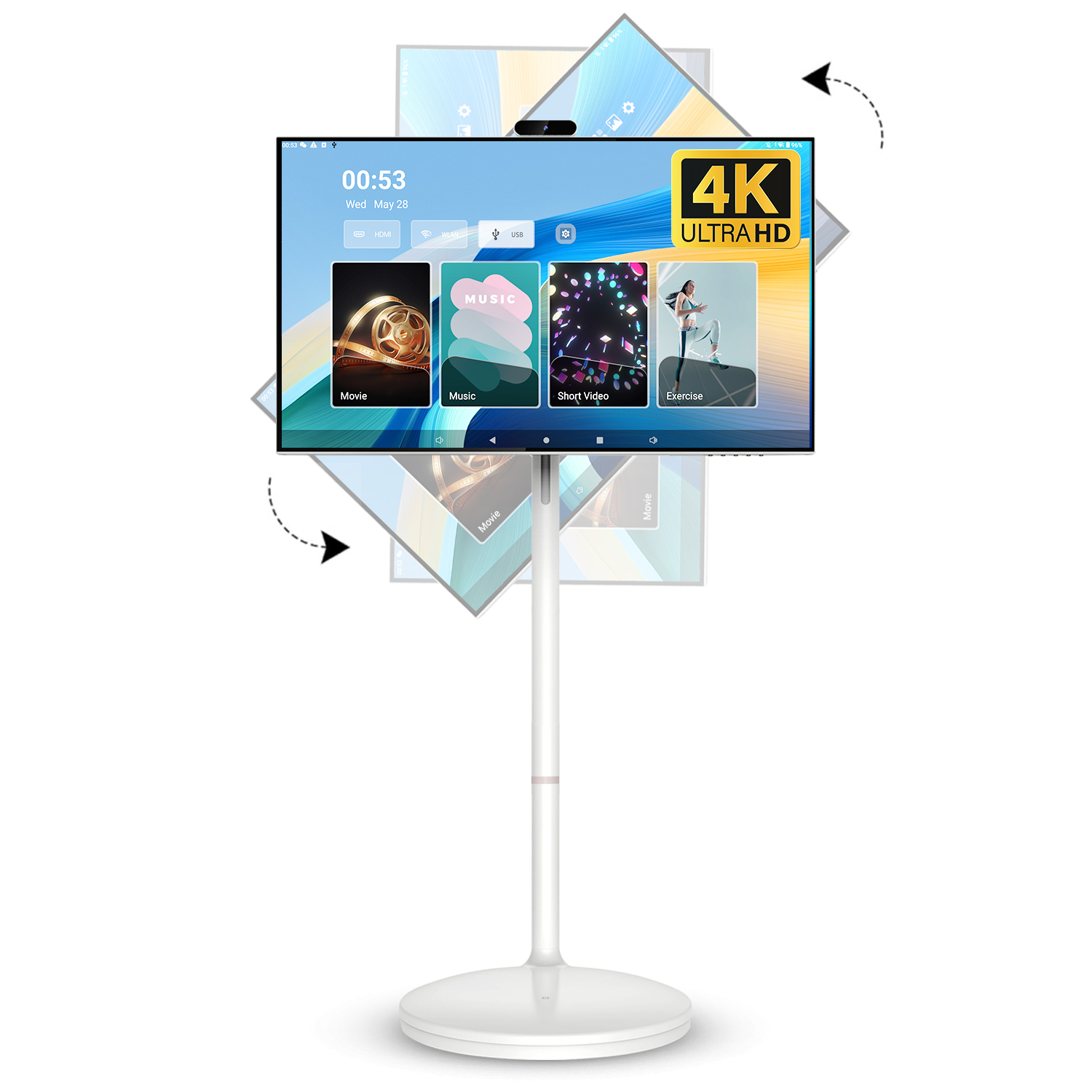 32 Inch 4K Smart Portable TV, Qualcomm CPU, EDLA-Certified, Built-in 20000mAh Battery, 8+128GB, Android OS, Rolling Touch Screen Monitor on Wheels, Air Remote Mouse, with 5MP Webcam
