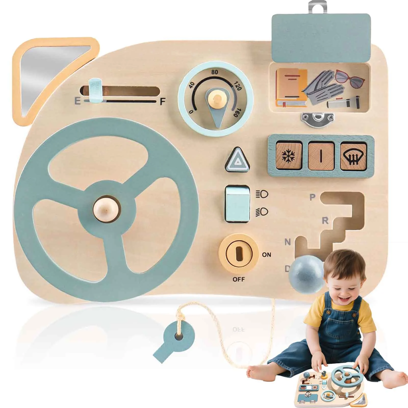 QXQ Busy Board for 1 Year Old, Montessori Learning Toys, Wooden Car Steering Wheel Travel Toddler Toy, Aesthetic Sensory Activity Board for Fine Motor Skills for Boys and Girls