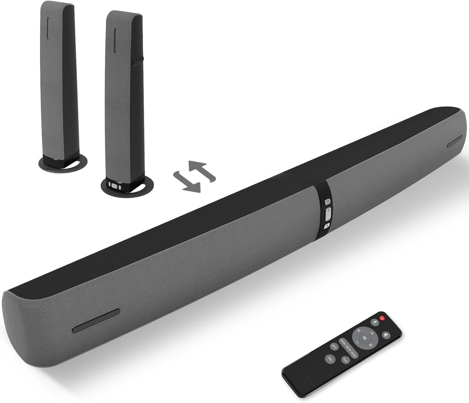 Sound Bar for Smart TV, 90W Soundbar with Bluetooth/ARC/Optical/AUX Connect, Auto Volume Boost, 3 Equalizer Modes, 2 in 1 Detachable Soundbar for TV for TV/PC/Gaming/Projectors