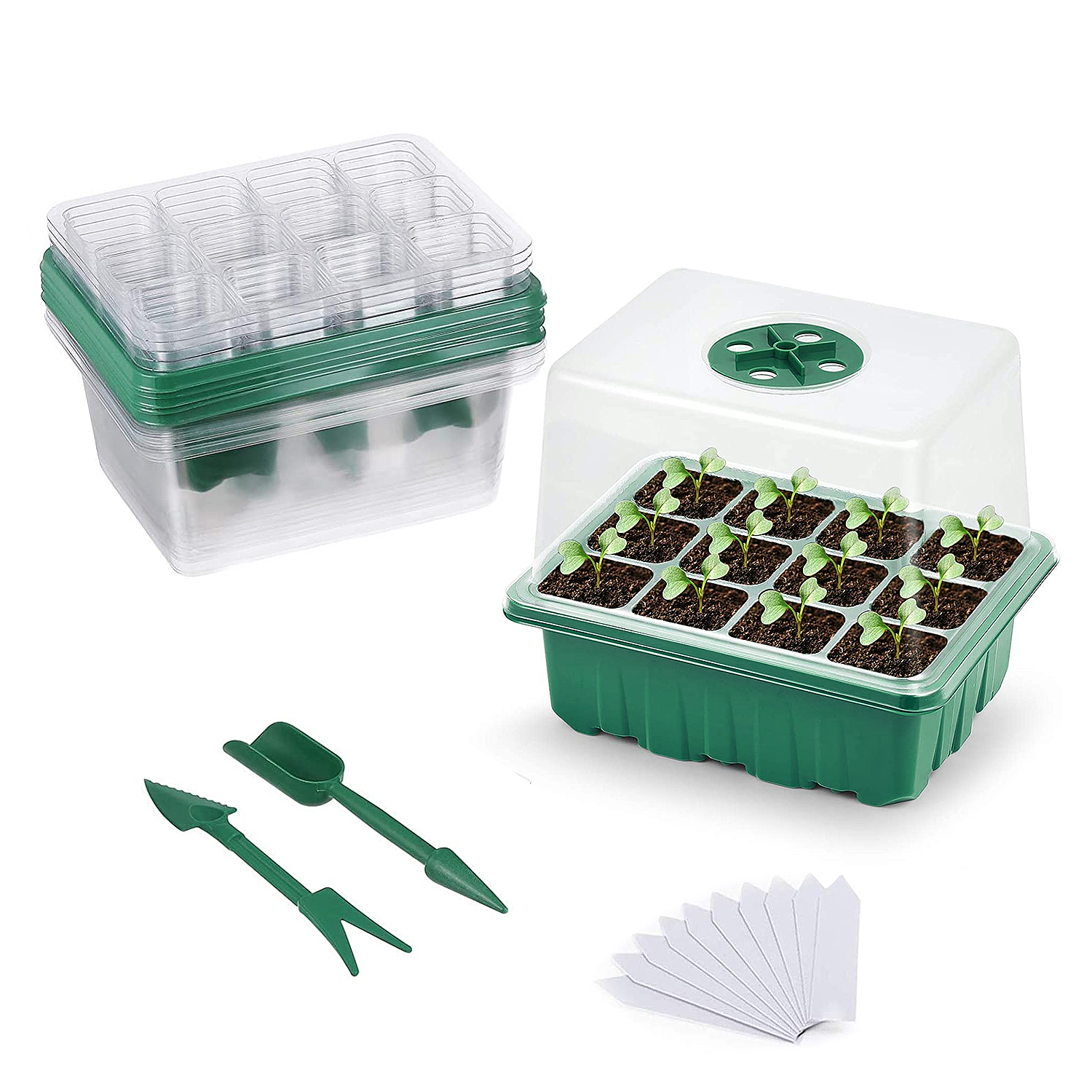 Seed Starter Kit 5-Pack, Humidity Adjustable Plant Seedling Starter Tray with 60-Cell, Seedling Trays with Dome and Base Greenhouse Grow, Transparent Heightening Covers Height 3.9"