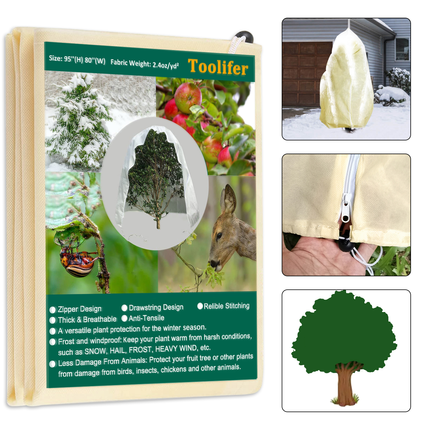 Toolifer Plant Covers Freeze Protection, 1 Pack 95”H X80”W 2.4oz Frost Blankets for Outdoor Plants Frost Cloth with Zipper Drawstring-Protect Trees Shrubs from Cold Frost Wind Pest