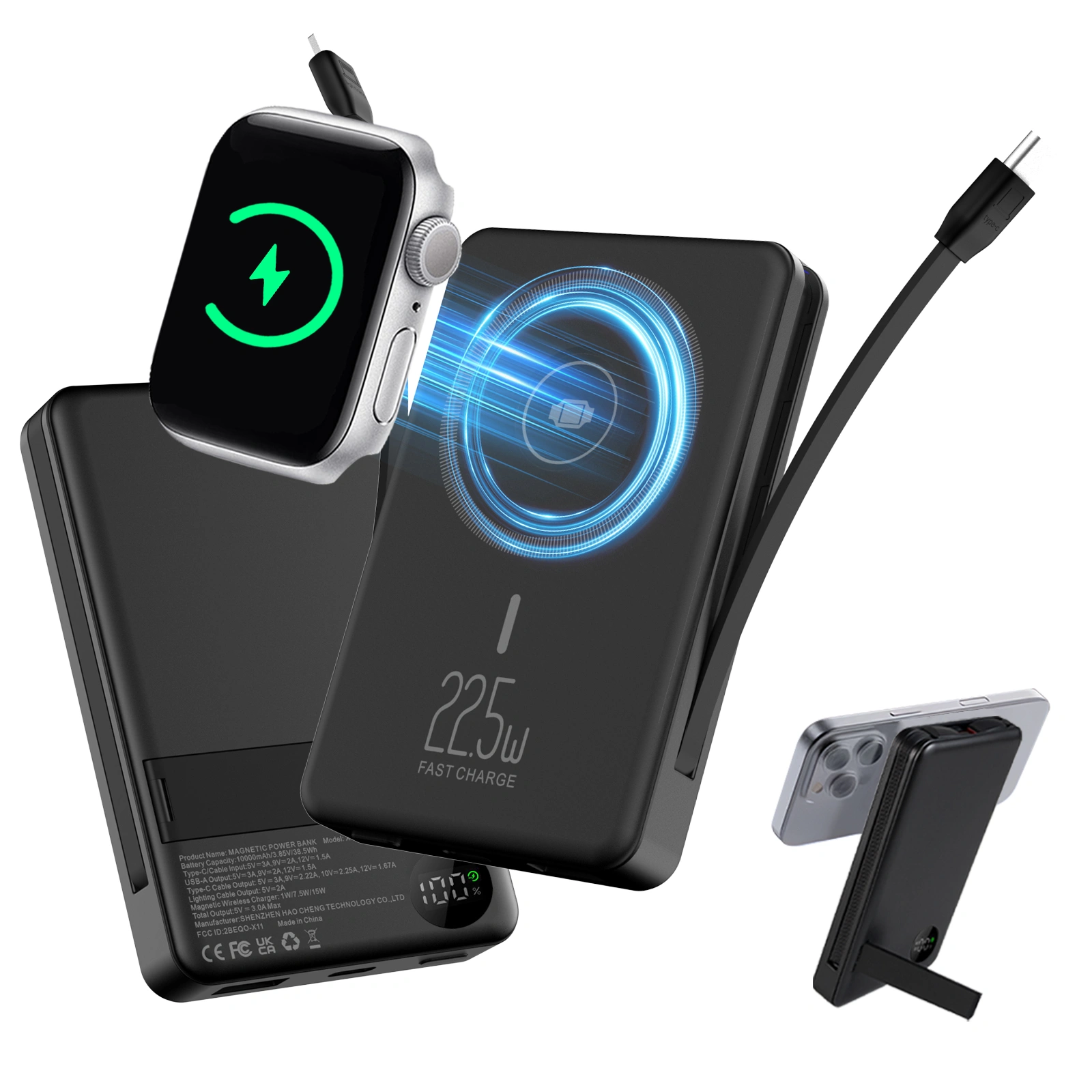 Portable Charger with Built-in-Cable, SUPBS Magnetic Wireless iWatch Charger,10000mAh Power Bank,PD 22.5W Fast Charging Battery Pack Compatible with iPhones and Apple Watch(Black