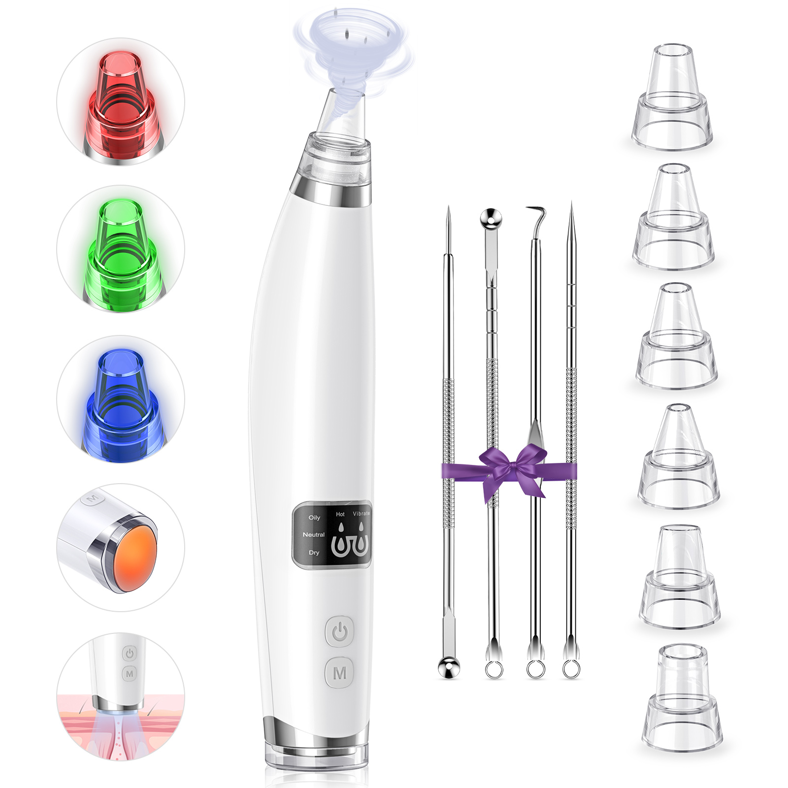 Blackhead Remover Pore Vacuum TEATTY Electric Facial Blackhead Remover Vacuum with Hot Compress Vibration Function USB Rechargeable Comedone Extractor with 6 Suction Probes & 4 Acne Removal Tool