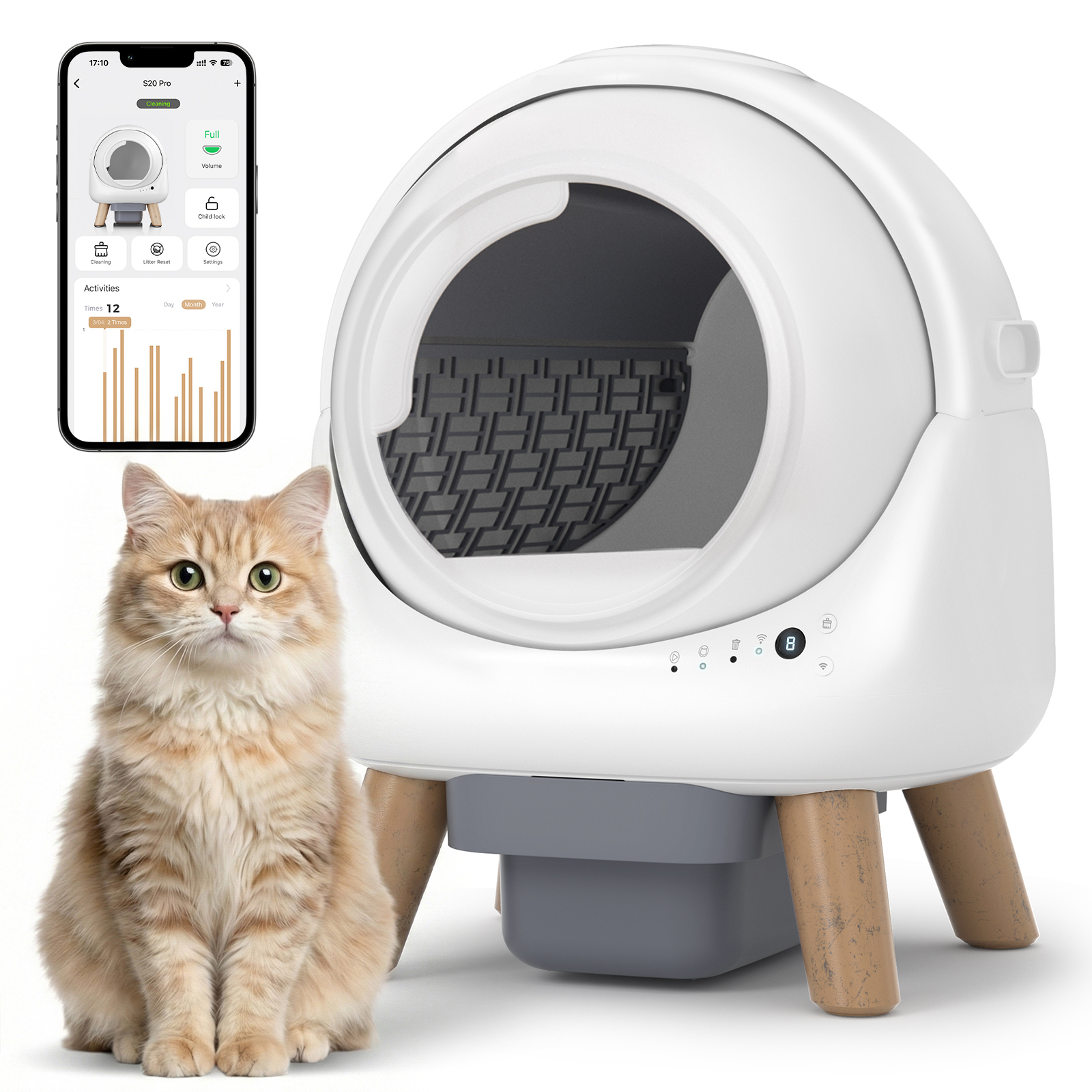 Automatic Litter Box, Self Cleaning Litter Box for Multiple Cats with App Control, Dual Safety Protection, Odor-Free Waste Disposal, Includes Trash Bags, White
