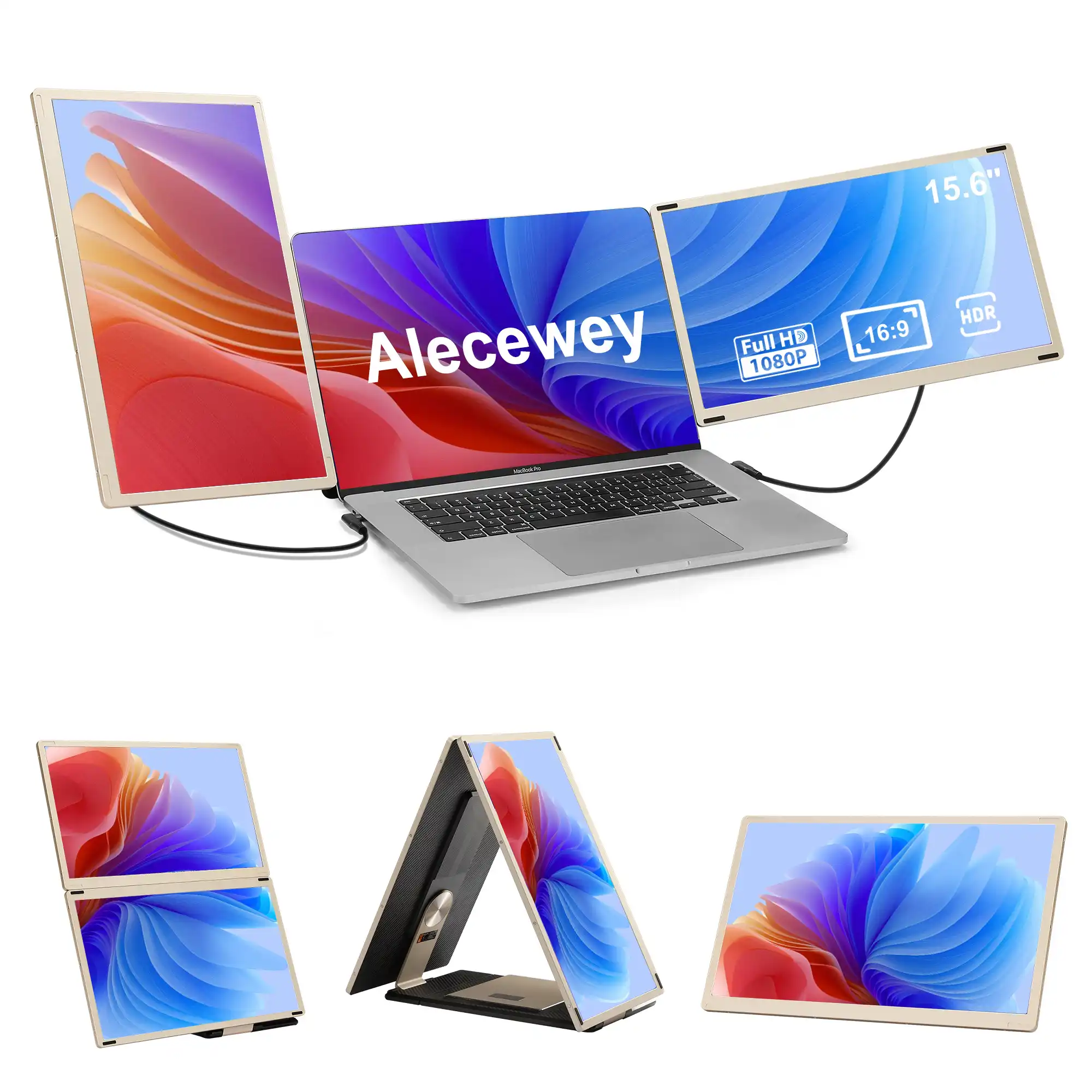 Alecewey Laptop Screen Extender, 15.6 inch Triple Screen Laptop Monitor Extender FHD 1080P HDMI Detached Extended Portable Dual Monitor for 12-17'' Laptop with Window,Mac,Android