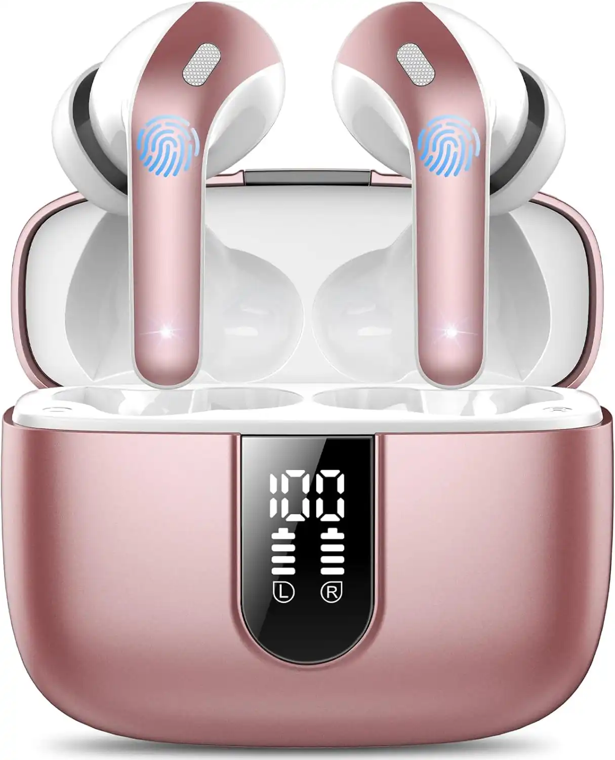 IKT Bluetooth Kopfhörer, In Ear Kopfhörer Kabellos Bluetooth 5.3 mit 50H Tiefer Bass, 2024 Neue Kabellose Kopfhörer Noise Cancelling Earbuds mit 4 ENC Mic, IPX7 Wasserdicht Ohrhörer, Roségold