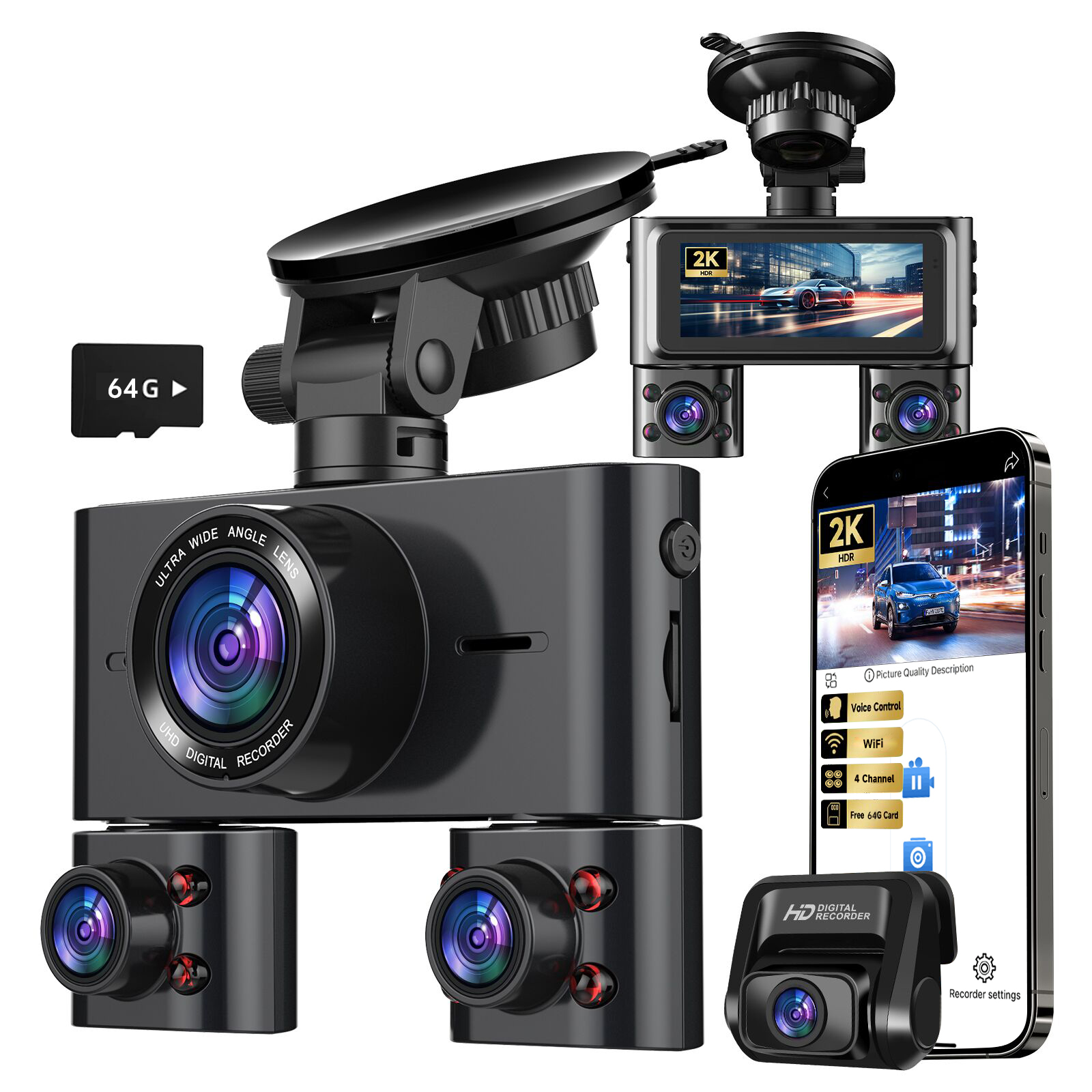 HUPEJOS 360° 2K Dash Cam Front and Rear Inside, 4 Channel FHD 4*1080P Dashcam for Cars, Voice Control, Car Camera with WiFi, Include 64GB SD Card, 3.16" IPS Screen, WDR Night Vision, 24H Parking Mode