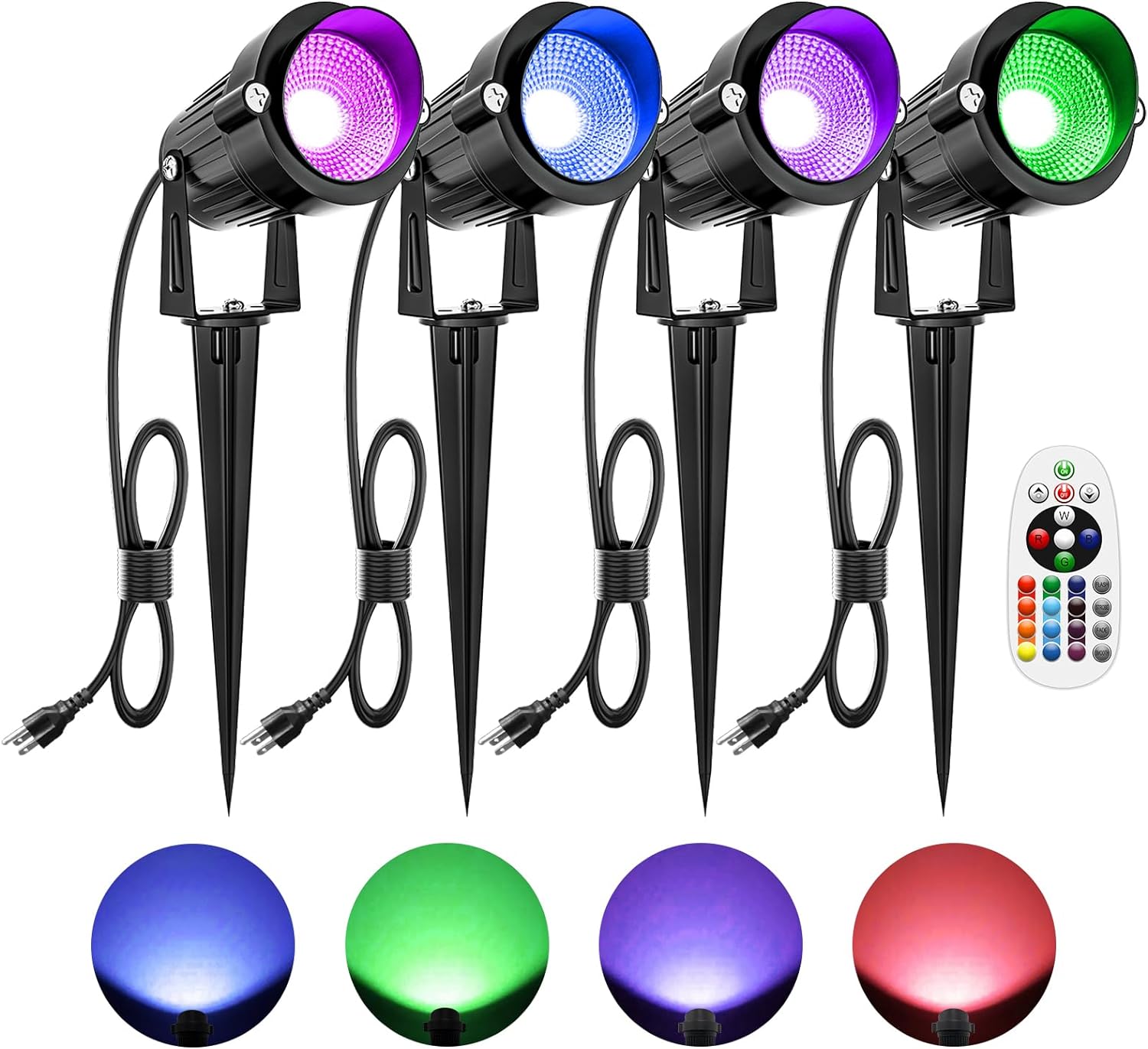 ZUCKEO 10W Christmas Spotlights Outdoor Spot Lights for Yard, LED RGB Color Changing Landscape Lighting Plug in, 120V Waterproof Remote Control Spotlight for House Garden Halloween Decoration(4Pack)