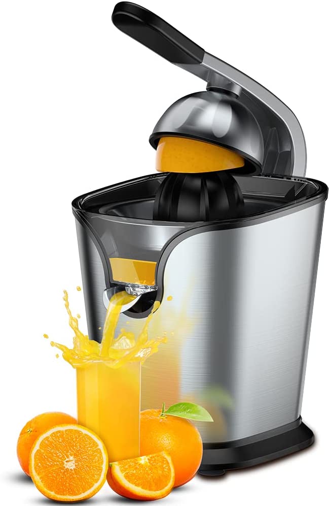 Electric Citrus Juicer Squeezer Stainless Steel 150 Watts of Power for Orange Lemon Lime Grapefruit Juice with Soft Rubber Grip, Filter and Anti-drip Spout Lock - Black, Black/Stainless Steel 