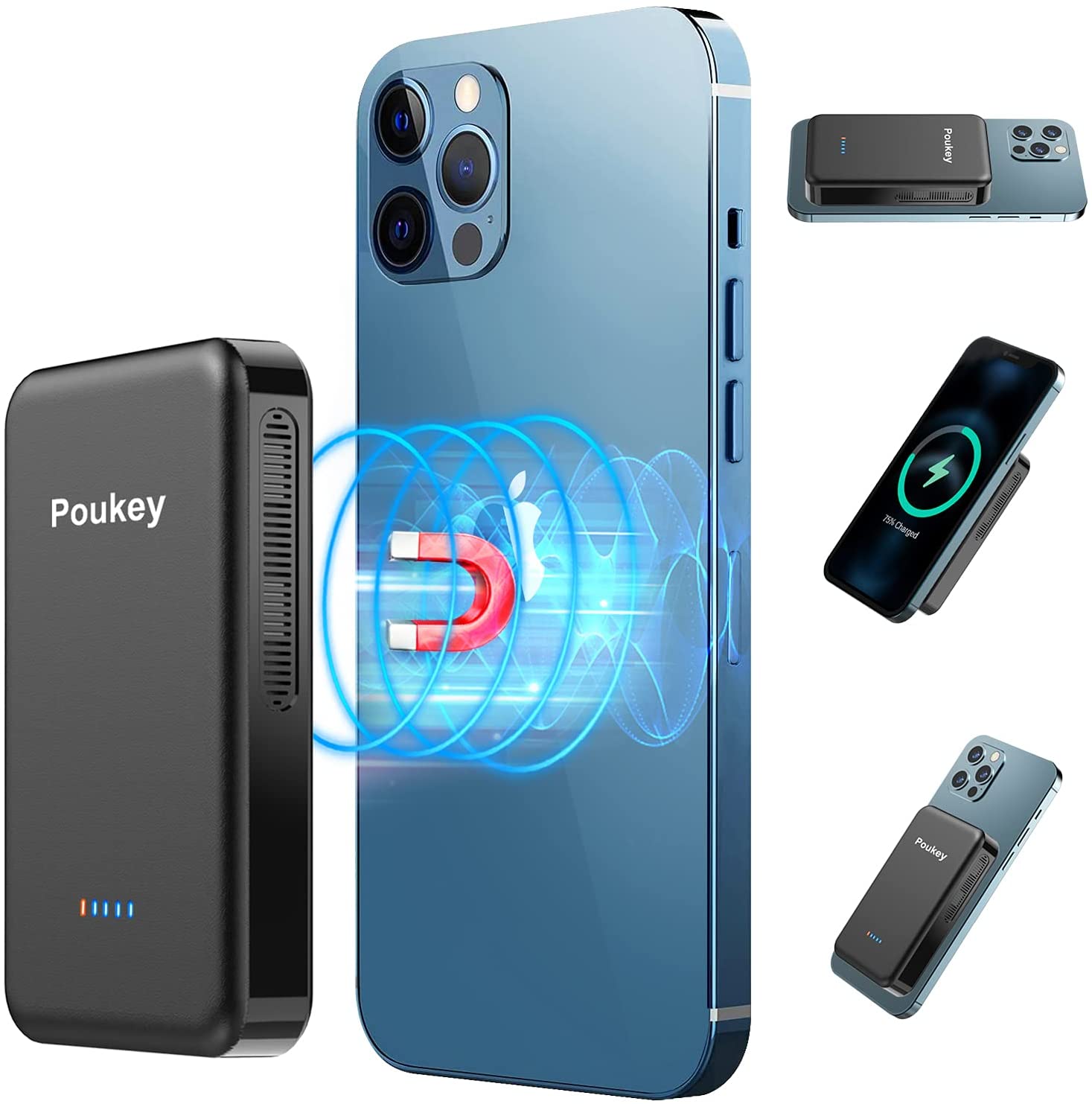 Magnetic Wireless Power Bank 10000mAh, Poukey Mag-Safe Portable Charger with 15W Wireless Charging & 20W PD USB C Fast Charging Compatible with MagSafe Battery Pack for iPhone 12 13 Pro Max/Pro/Mini 