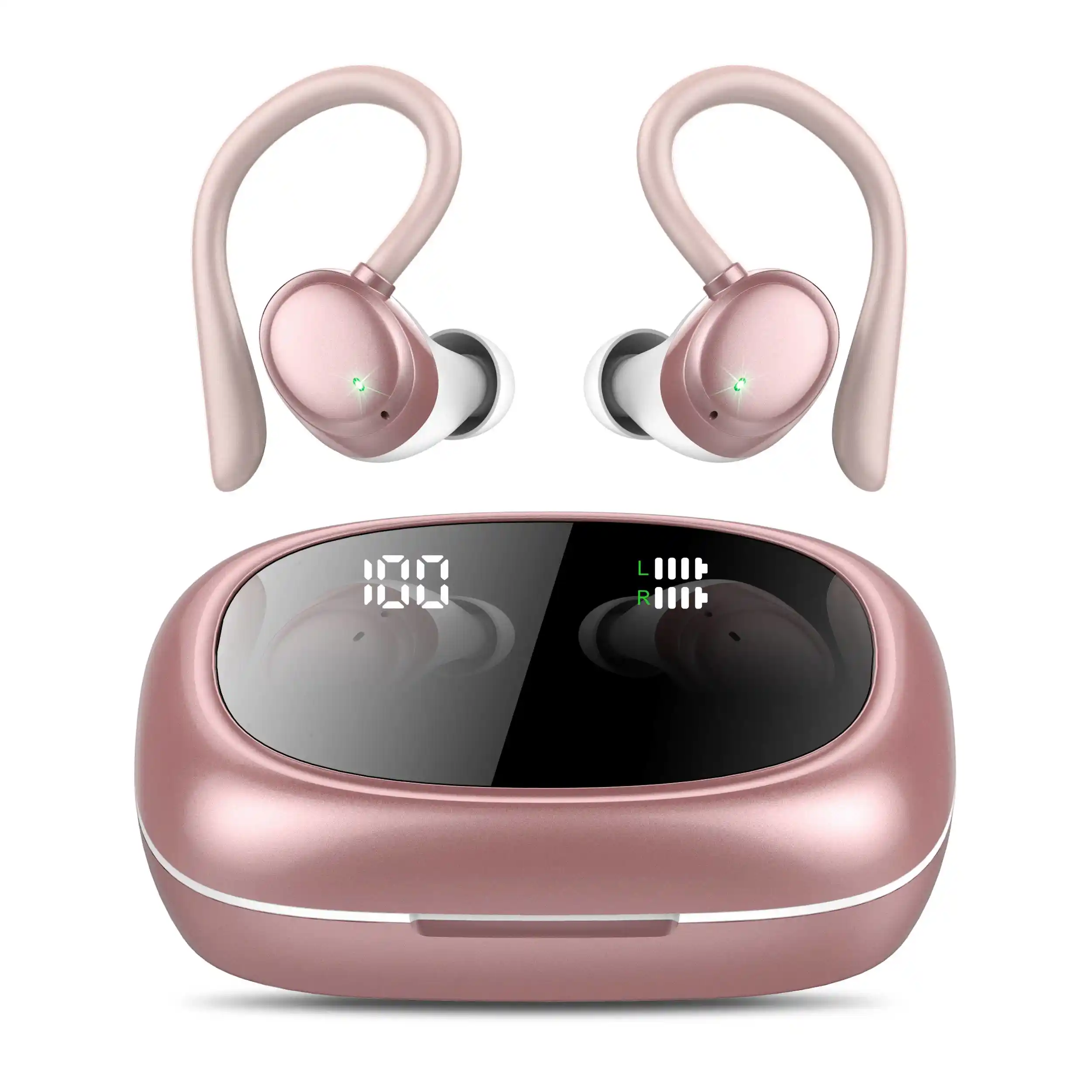 Bluetooth Headphones Wireless Sport Earbuds 80Hrs Playtime Wireless Charging Case Digital Display with Earhook Premium Deep Bass IPX7 Waterproof Over-Ear Earphones for Phone Laptop Mint Rose Pink
