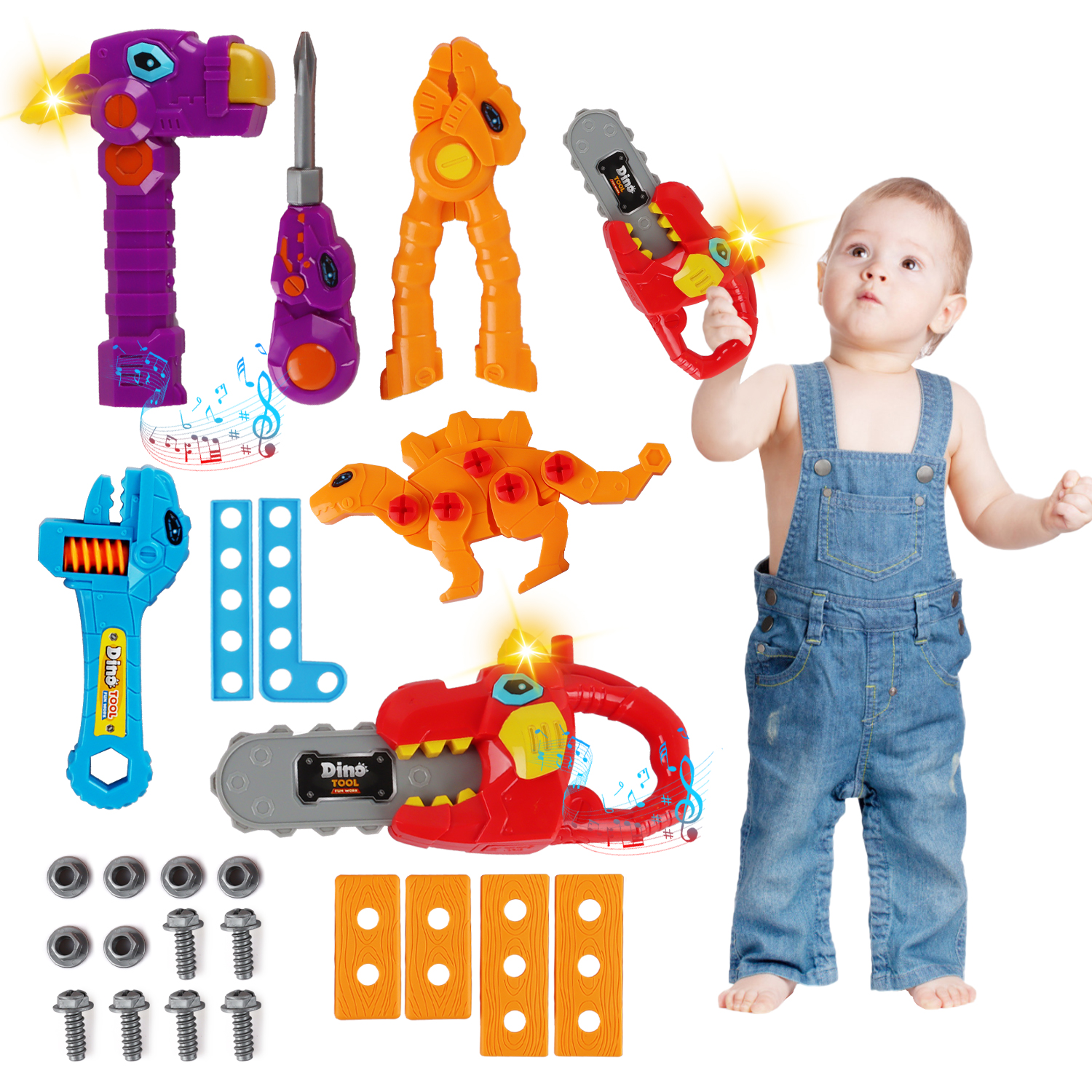 HONYAT Kids Tool Set Dinosaur Shaped - 25 Pieces Construction Toys Tool Include Hammer, Screwdrivers, Chainsaw and Adjustable Wrench, Sound and Light Dino Stem Pretend Play for Boys and Girls