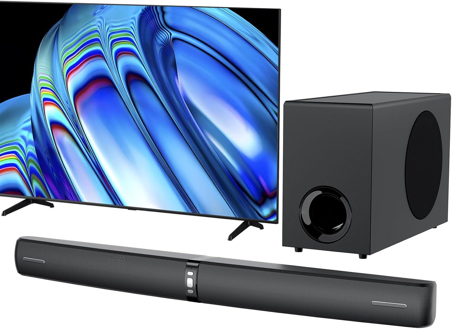 Assistrust 2.1CH Sound Bar with Subwoofer, 110W Home Theater Sound System, Bluetooth 5.3, ARC, Optical & AUX Connection, 3 EQ Modes, Adjustable Bass TV, PC, Gaming and Projector