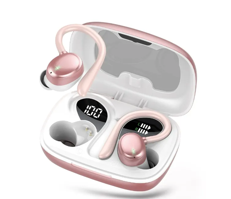 Wireless Earbuds 64hrs Bluetooth Headphone Sport, Bluetooth Earbuds Stereo Deep Bass Over Ear Bud with Earhooks, LED Display, ENC Noise Cancelling Mic, Earphones for Workout/Running, Pink