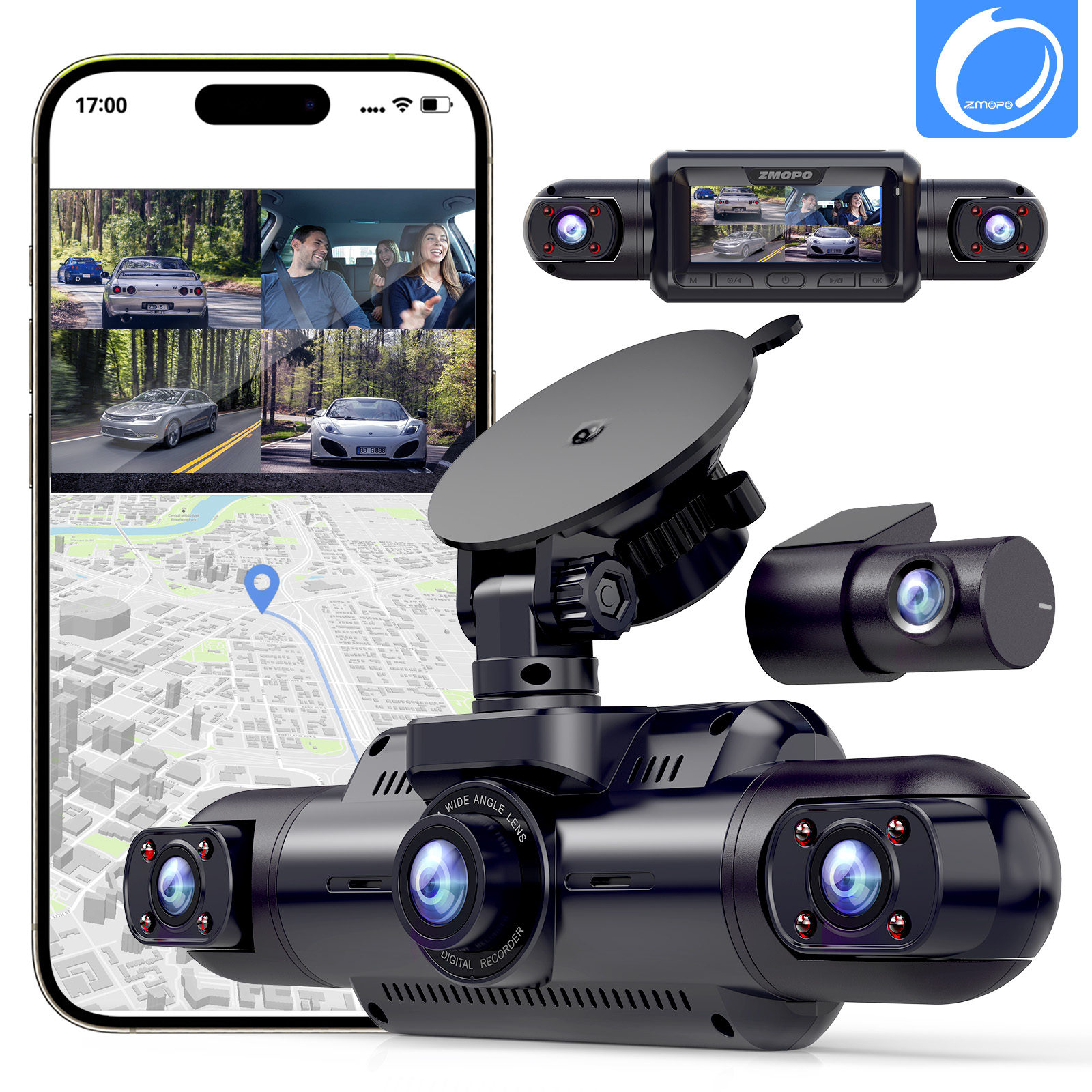 ZMOPO 4-Channel Dash Cam Front and Rear Inside Left Right 360 View, Dash Camera for Cars with GPS WiFi, Free 64GB Micro SD Card, FHD 1080P, Compact Design