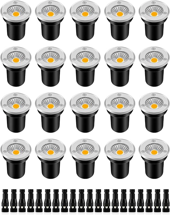 ZUCKEO Low Voltage Landscape Lights Well Lights Landscape LED in Ground Light IP67 Waterproof Outdoor Landscape Lighting Wired Floor Driveway Deck Step Garden with Connectors (20Pack Warm White)