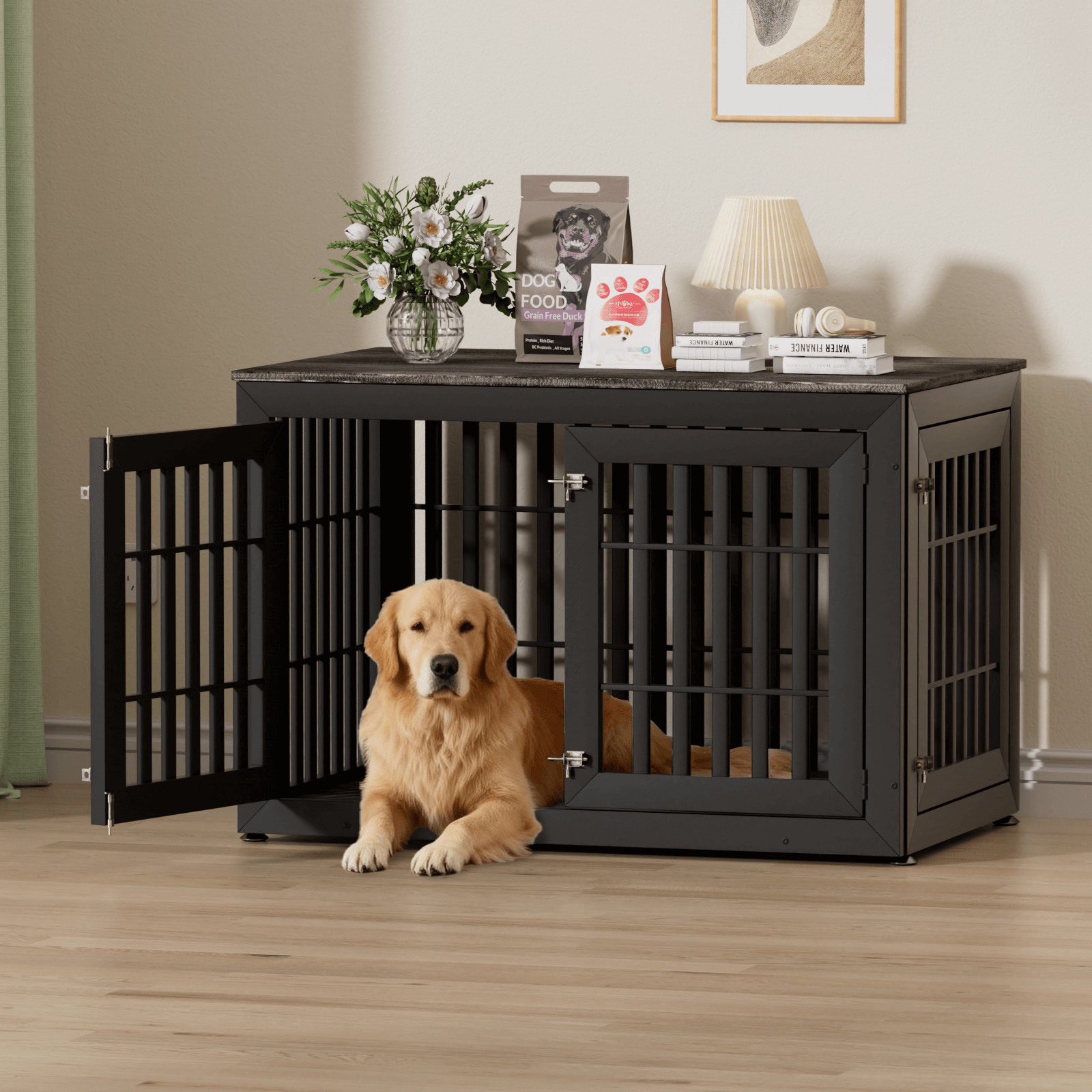 48''Heavy Duty Dog Crate Furniture for Small,Medium and Large Dogs,Rustic Wooden Dog Cage Kennel Indoor Furniture with Waterproof Top,Decorative Pet House Side End Table (Black &grey)