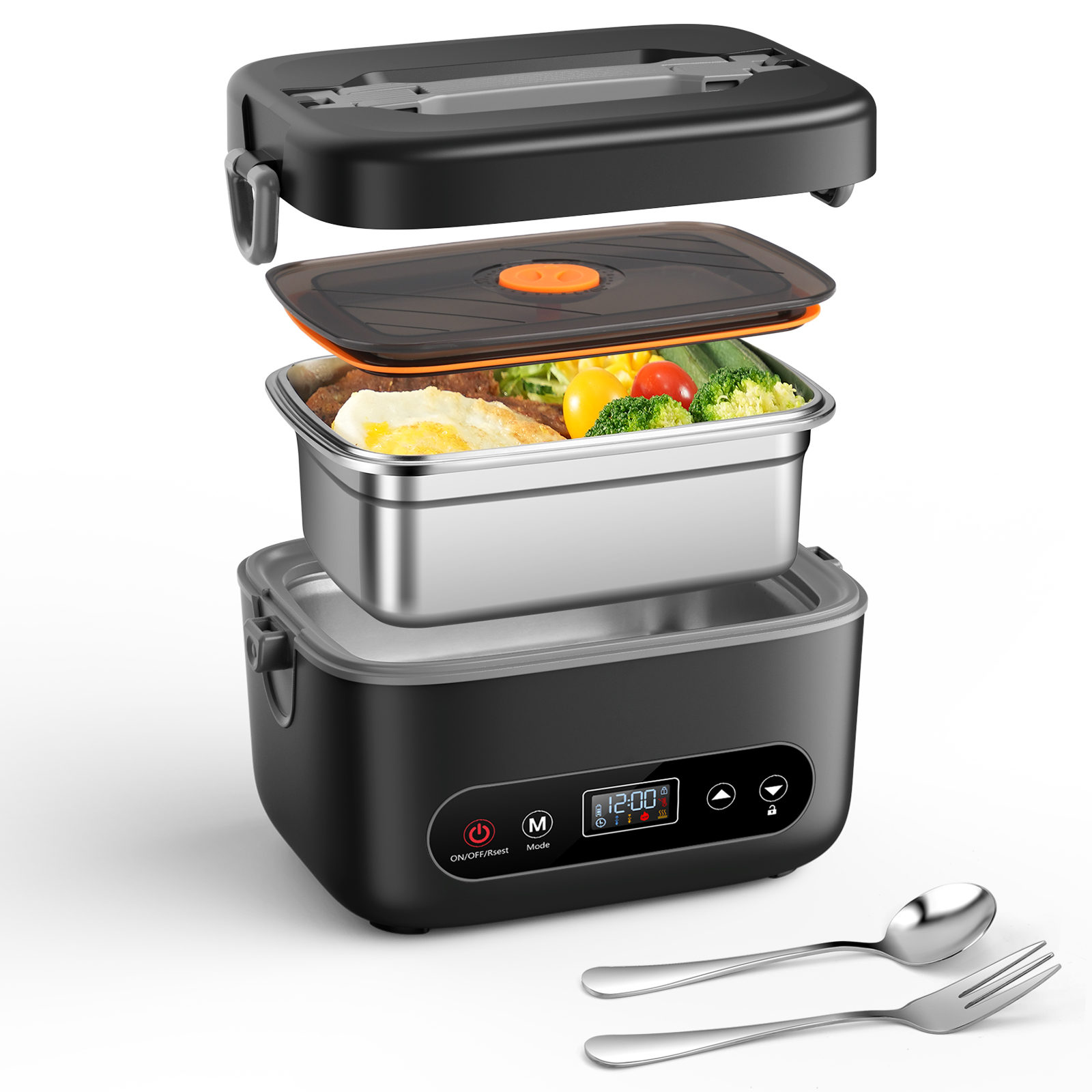 Electric Lunch Box for Men, 1.2L Cordless Heated Lunch Box, 24000mAh Rechargeable Portable Food Warmer with Auto Temperature Control, 5-Sided Heating, Leakproof, for Office, Outdoors & Truck, Black004