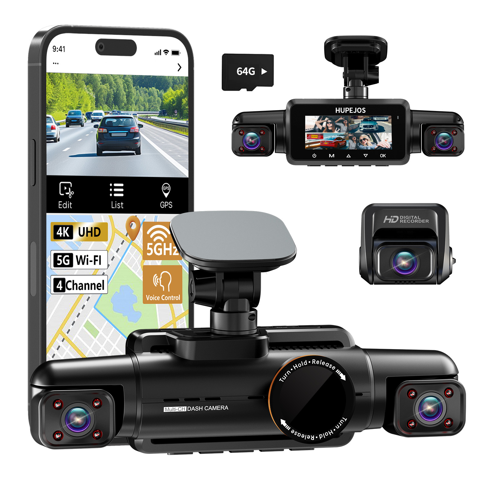 4K Dash Cam Front and Rear Inside, 4K+1080P*2 Dash Camera for Cars, 360° 4 Channel 3K+1080P*3 Car Camera, 5GHz Wi-Fi GPS Module, Include 64GB SD Card, Voice Control, Night Vision, 24H Parking Mode V90