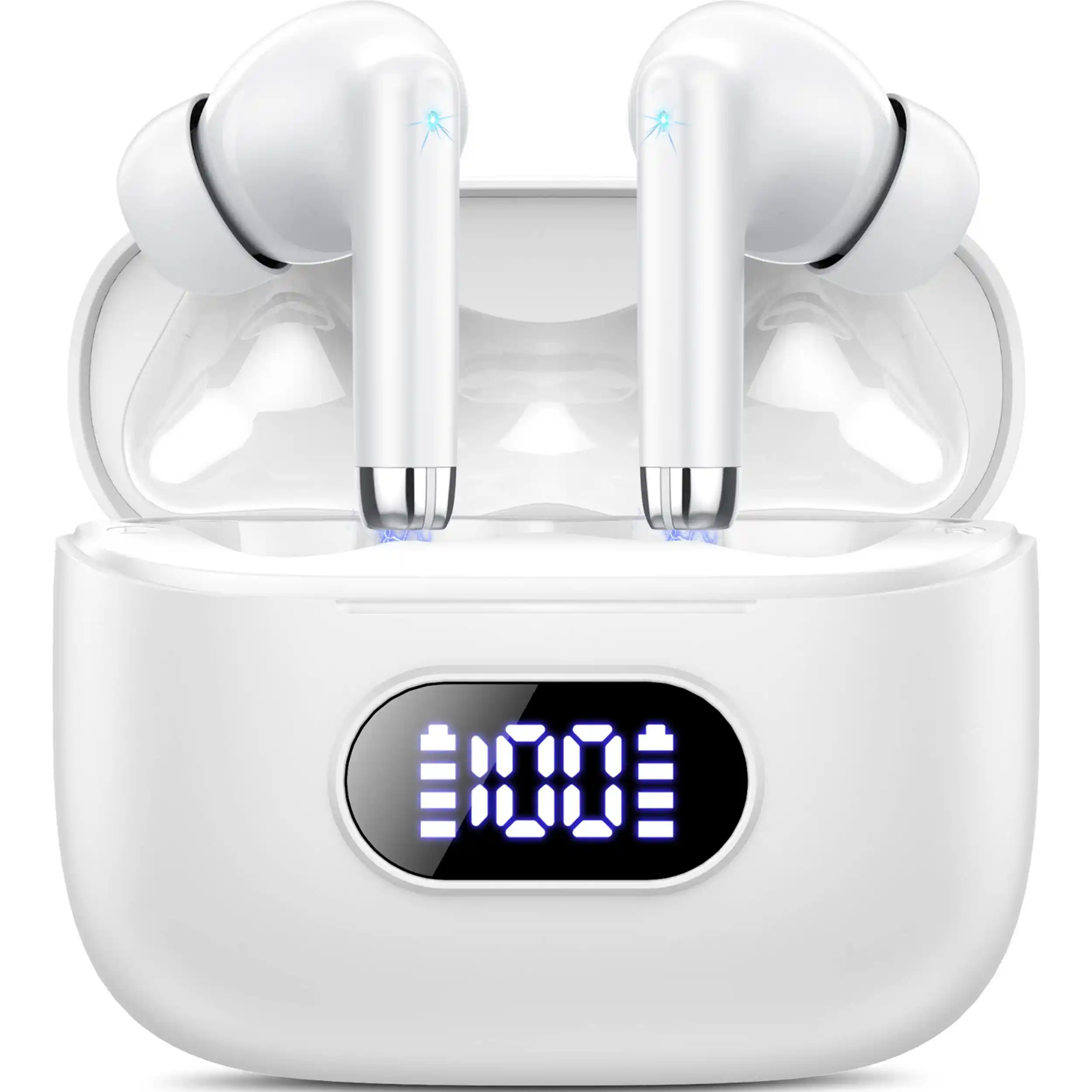 Wireless Earbud, Bluetooth Headphones 60H Ear Buds Bass Stereo Earphones Noise Cancelling Earbud with 4 ENC Mic in-Ear Bluetooth Earbud USB-C LED Display IPX7 Waterproof Sport for Android iOS(White)