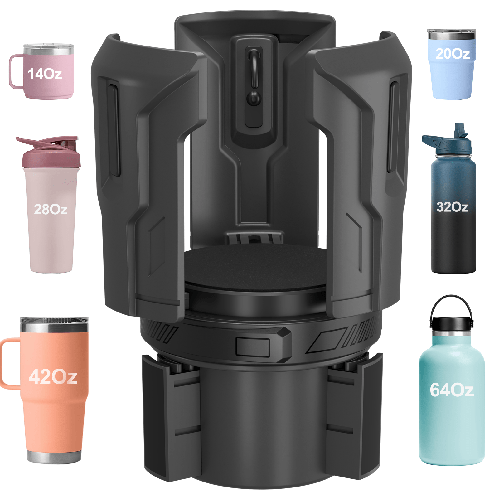 Cup Holder Expander (Adjustable Holder & Base, Auto-Fit Hold, One Button Open), Car Cup Holder Expander for Yeti, Hydro Flask, Nalgene, Owala, Bottles in 2.6"- 4.8" (Black, 1 Pack)