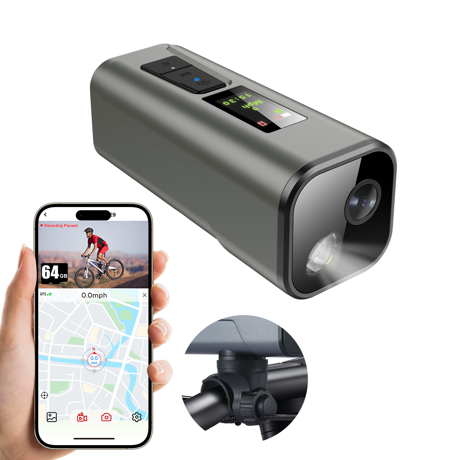 Action Camera 4K 30fps with GPS Tracker, Wireless Bike Camera, Cycling Speedometer/Odometer with 64GB Card, Anti-Shake Sport DV, IP65 Waterproof, Bicycle Light, Cycling Computer with APP Support, Grey