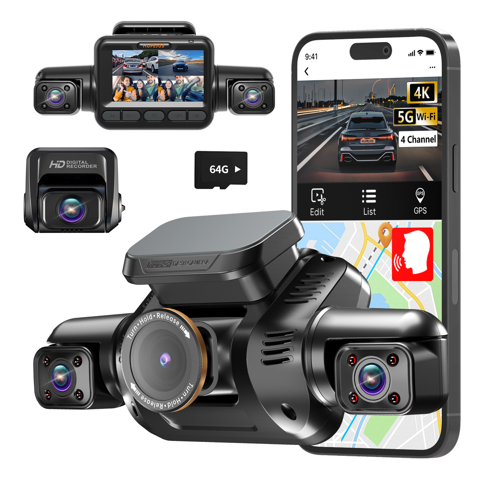 HUPEJOS 360° 4K Dash Cam, 4 Channel Camera 3K Front +1080P*3 Left Right Rear, 5GHz WiFi GPS Dash Camera for Car, Voice Control, Front 4K+1080P*2, 64GB Card, Night Vision, 24Hrs Parking Mode (V8Plus)